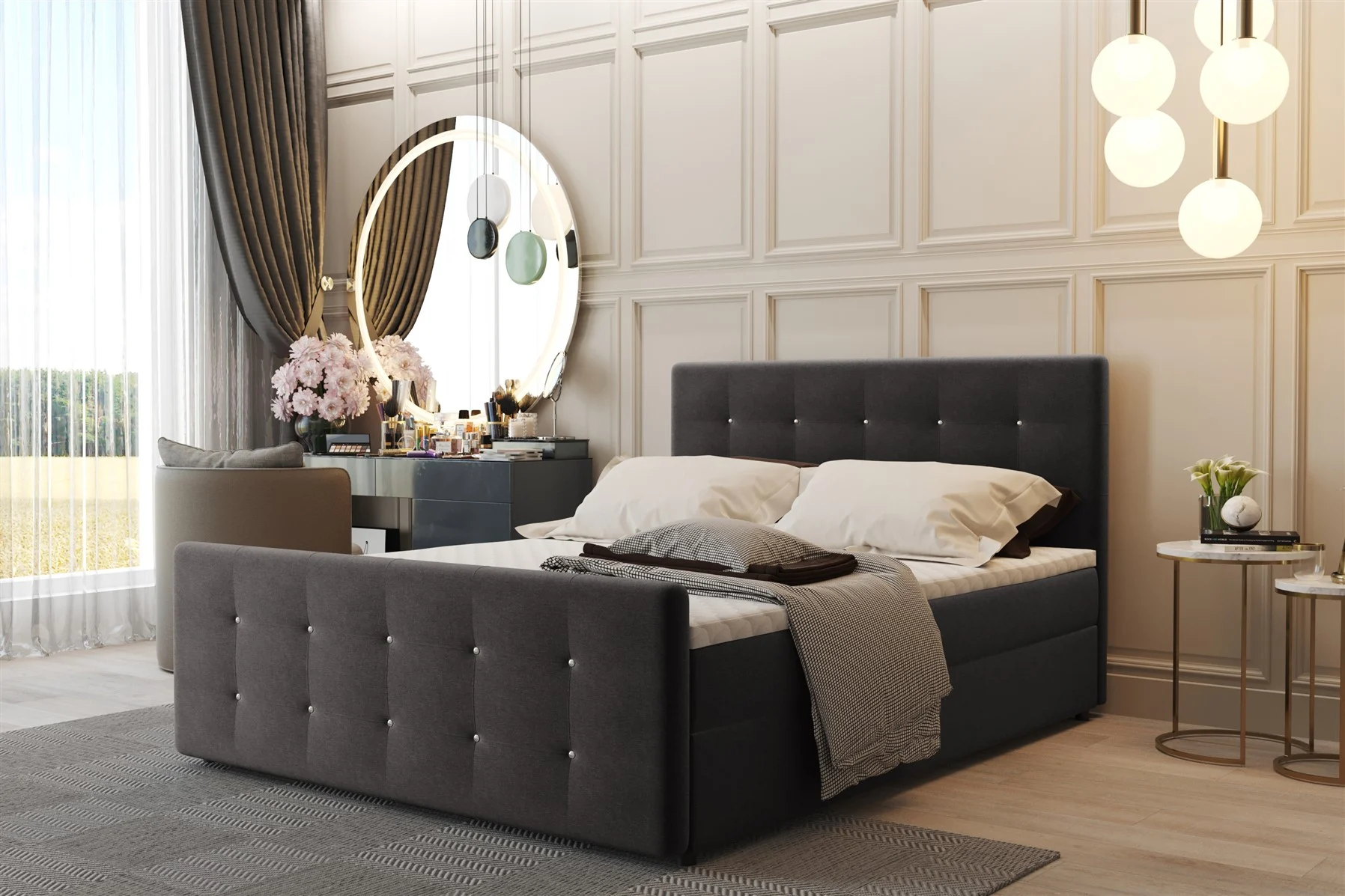 Boxspringbett Schlafzimmerbett CARLOS 140x200cm Stoff Soro Umbragrau inkl.Bettkasten - Fun Moebel