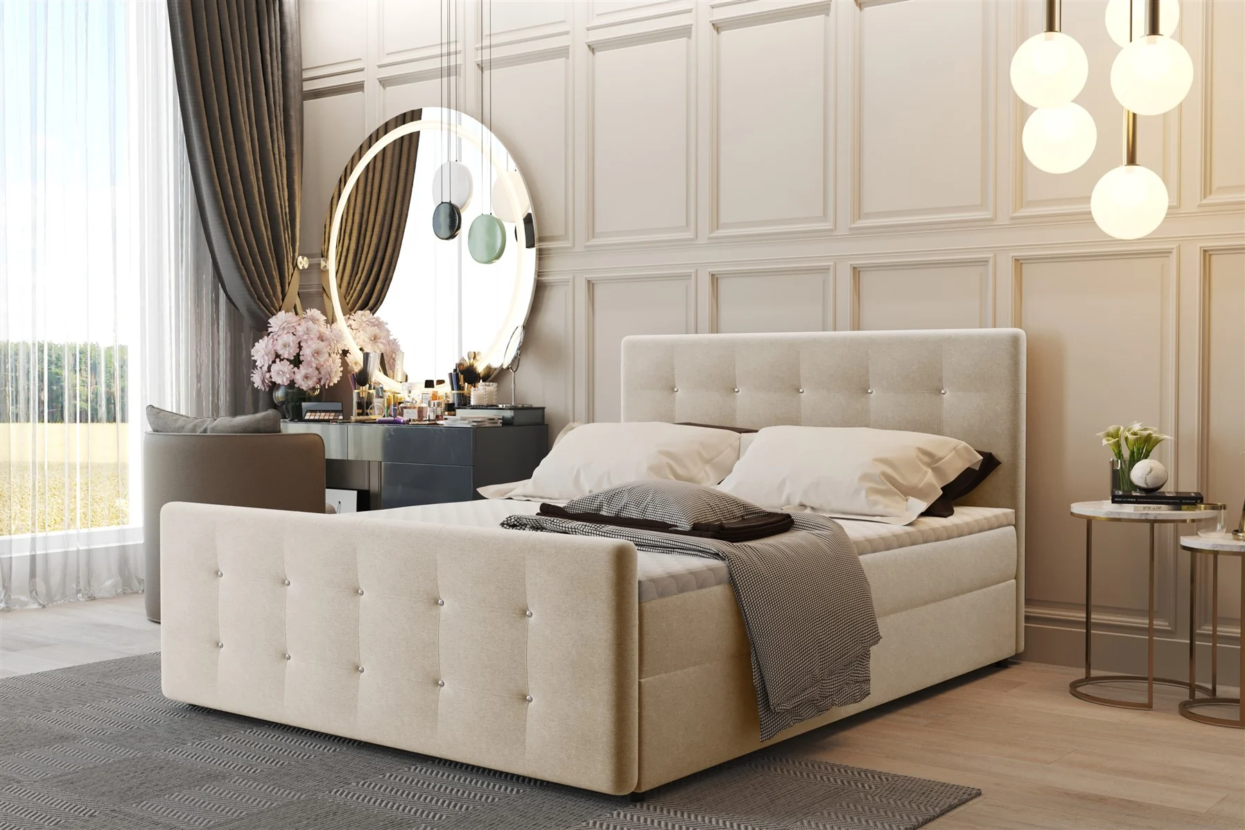 Boxspringbett Schlafzimmerbett CARLOS 160x200cm Stoff Cosmic Beige inkl.Bettkasten - Fun Moebel