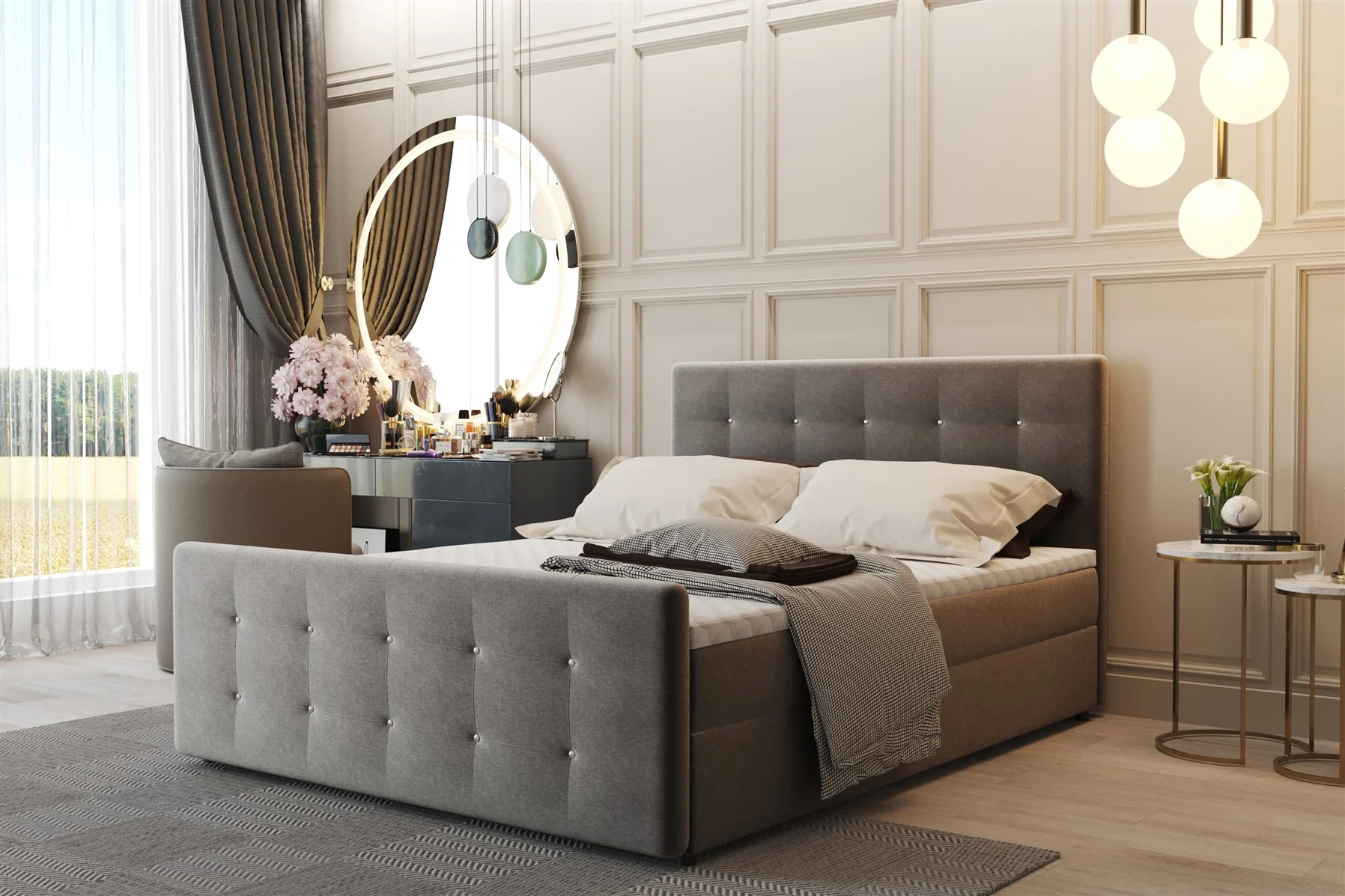 Boxspringbett Schlafzimmerbett CARLOS 140x200cm Stoff Grau inkl.Bettkasten - Fun Moebel
