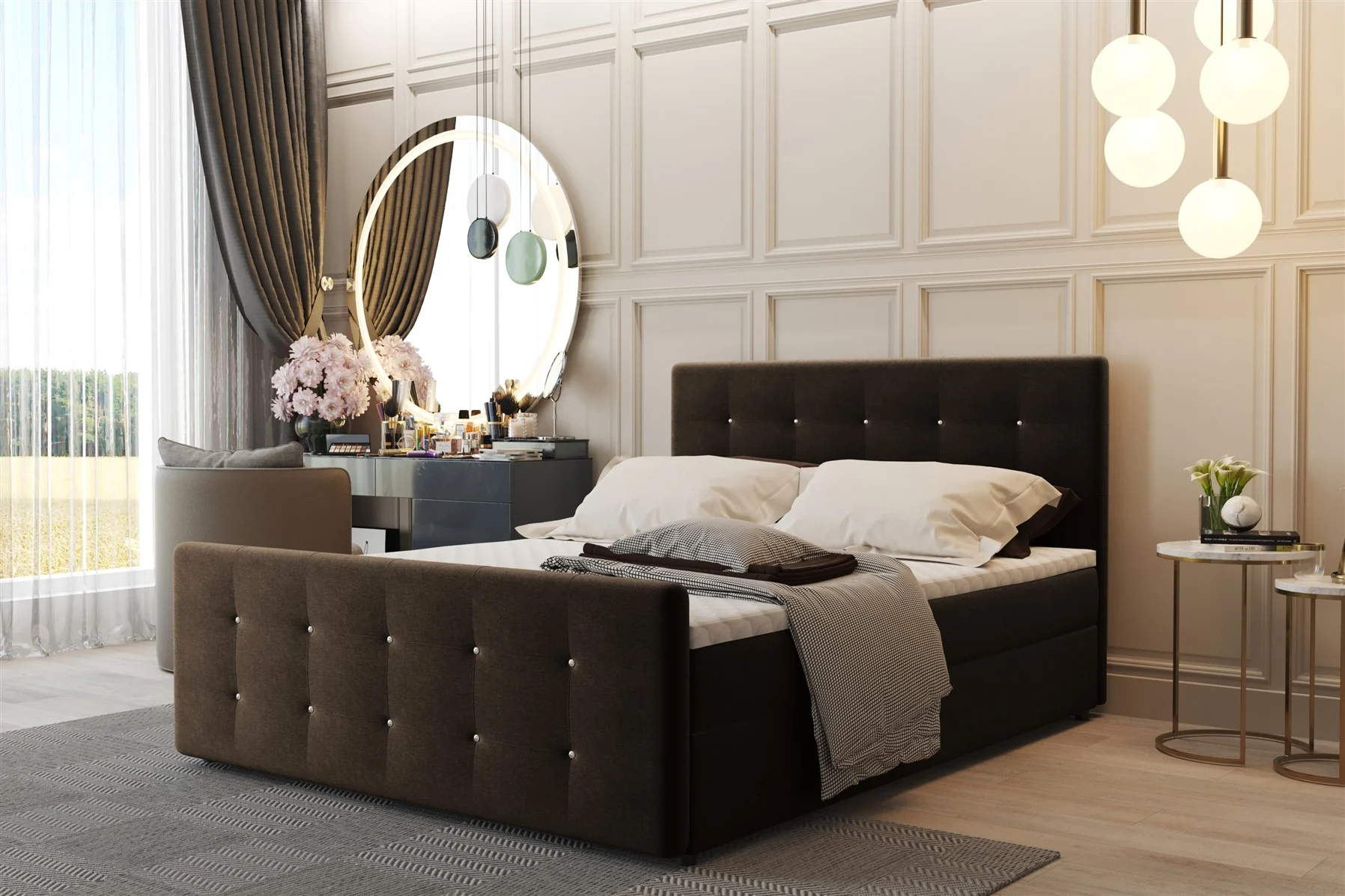 Boxspringbett Schlafzimmerbett CARLOS 140x200cm Stoff Braun inkl.Bettkasten - Fun Moebel