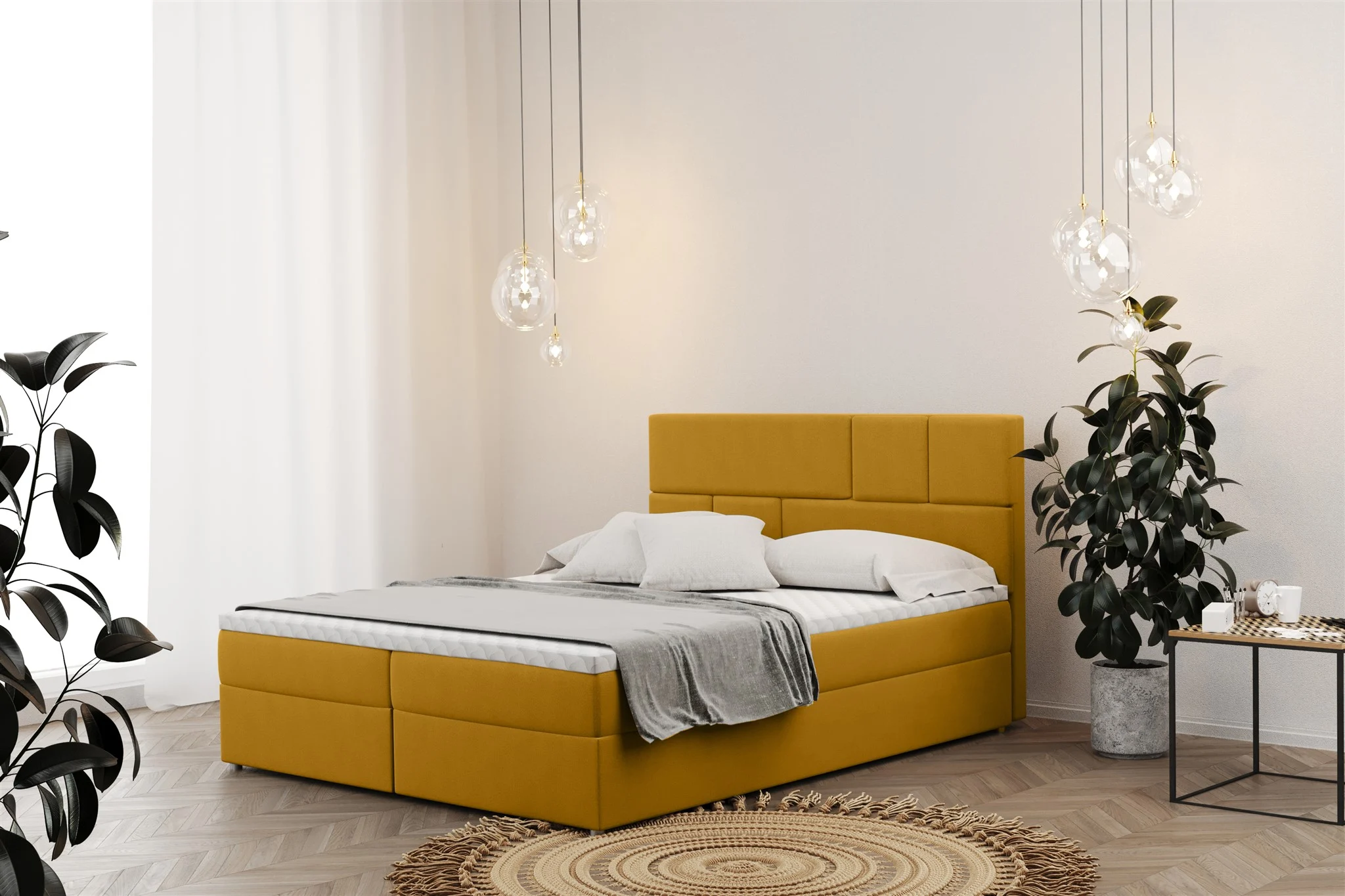 Boxspringbett Schlafzimmerbett CALVIN 140x220cm in Stoff Matt Velvet Gelb - Fun Moebel