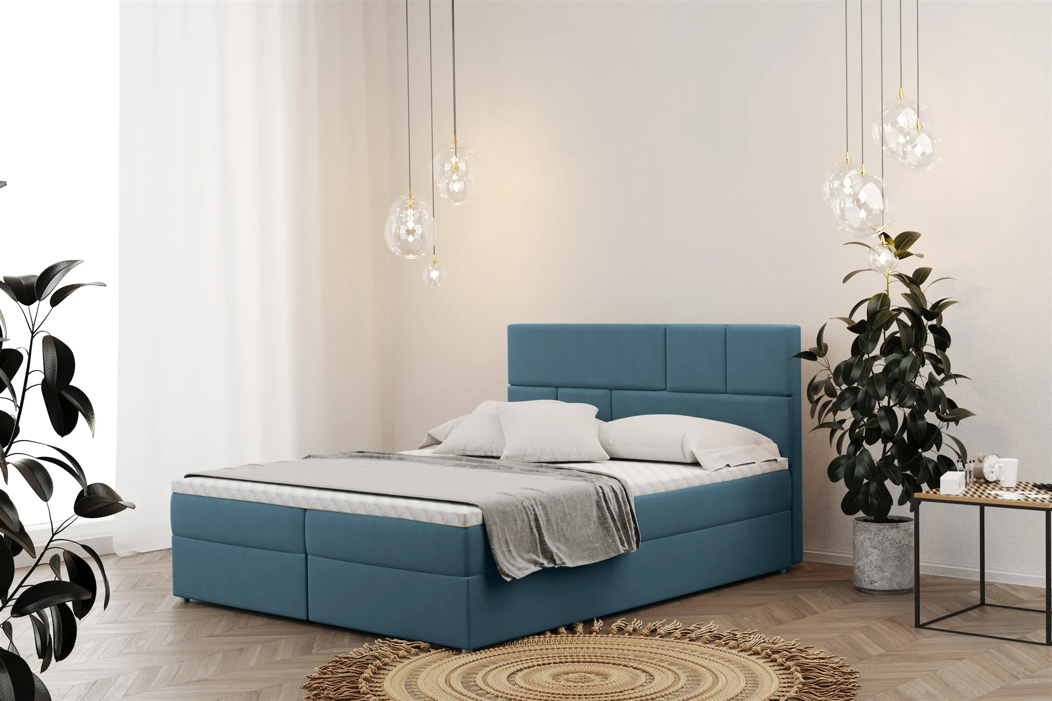 Boxspringbett Schlafzimmerbett CALVIN 140x220cm in Stoff Matt Velvet Himmelblau - Fun Moebel