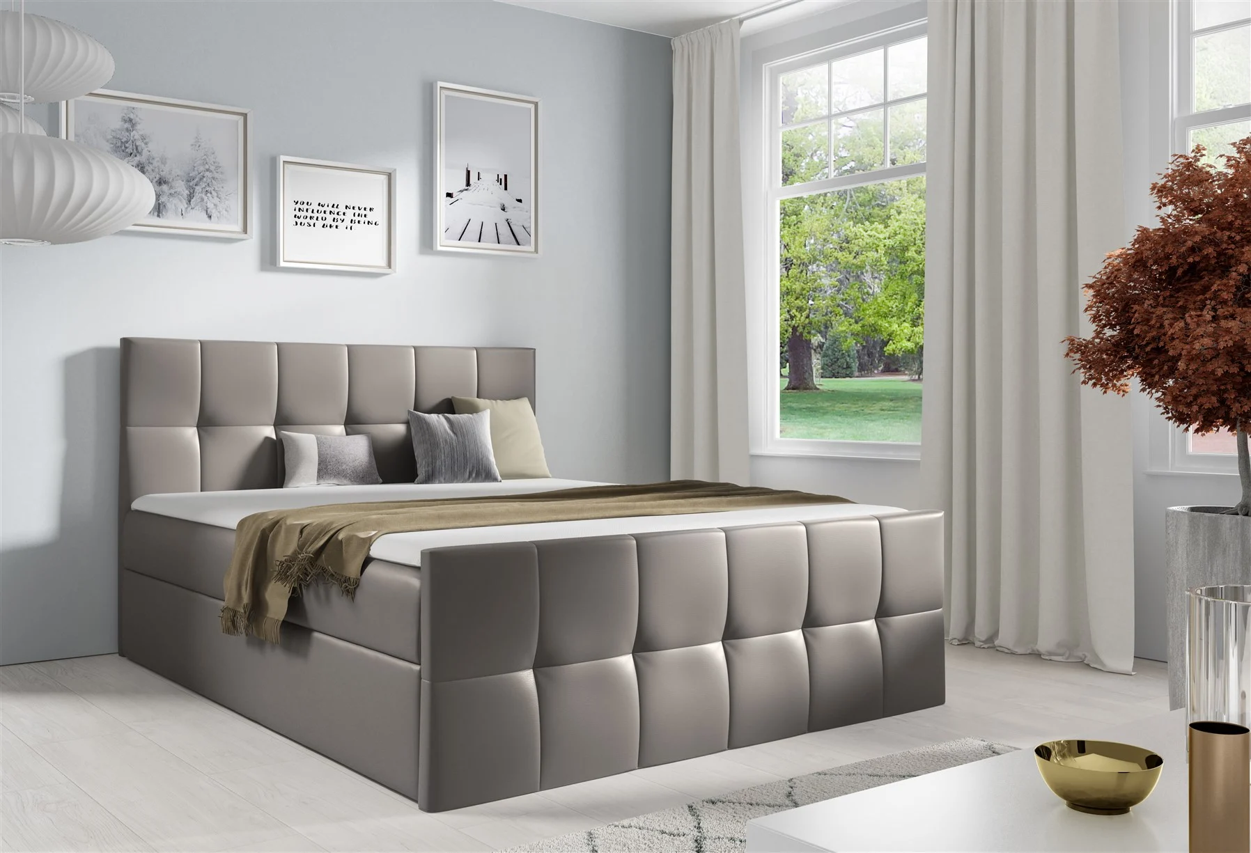 Boxspringbett Schlafzimmerbett CARMEN LUX 140x200cm Kunstleder Madryt Grau - Fun Moebel