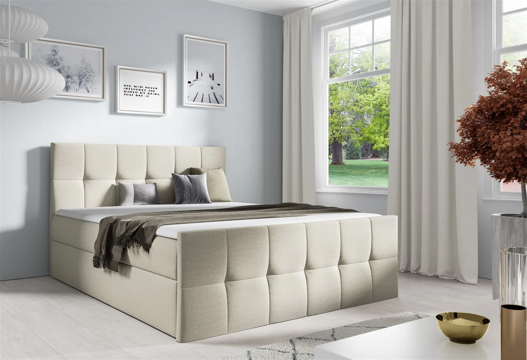 Boxspringbett Schlafzimmerbett CARMEN LUX 140x200cm Stoff Monolith Beige - Fun Moebel