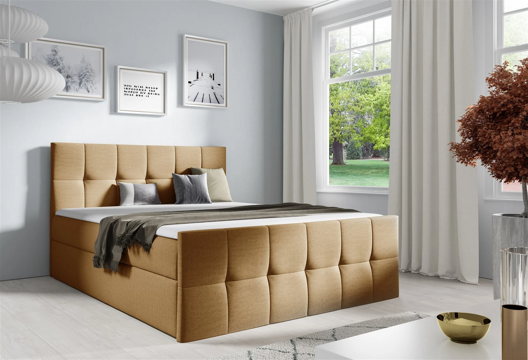 Boxspringbett Schlafzimmerbett CARMEN LUX 120x200cm Stoff Monolith Goldgelb - Fun Moebel