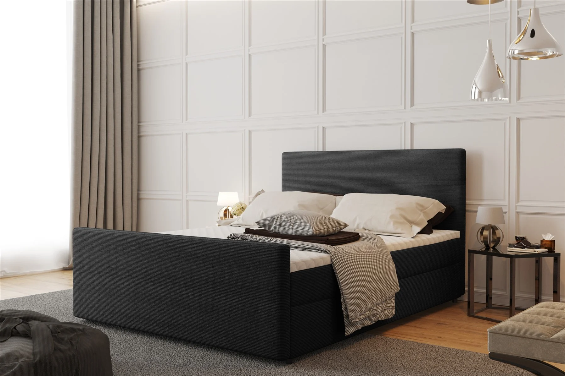 Boxspringbett Schlafzimmerbett CARO 180x200cm Stoff Scala Anthrazit - Fun Moebel