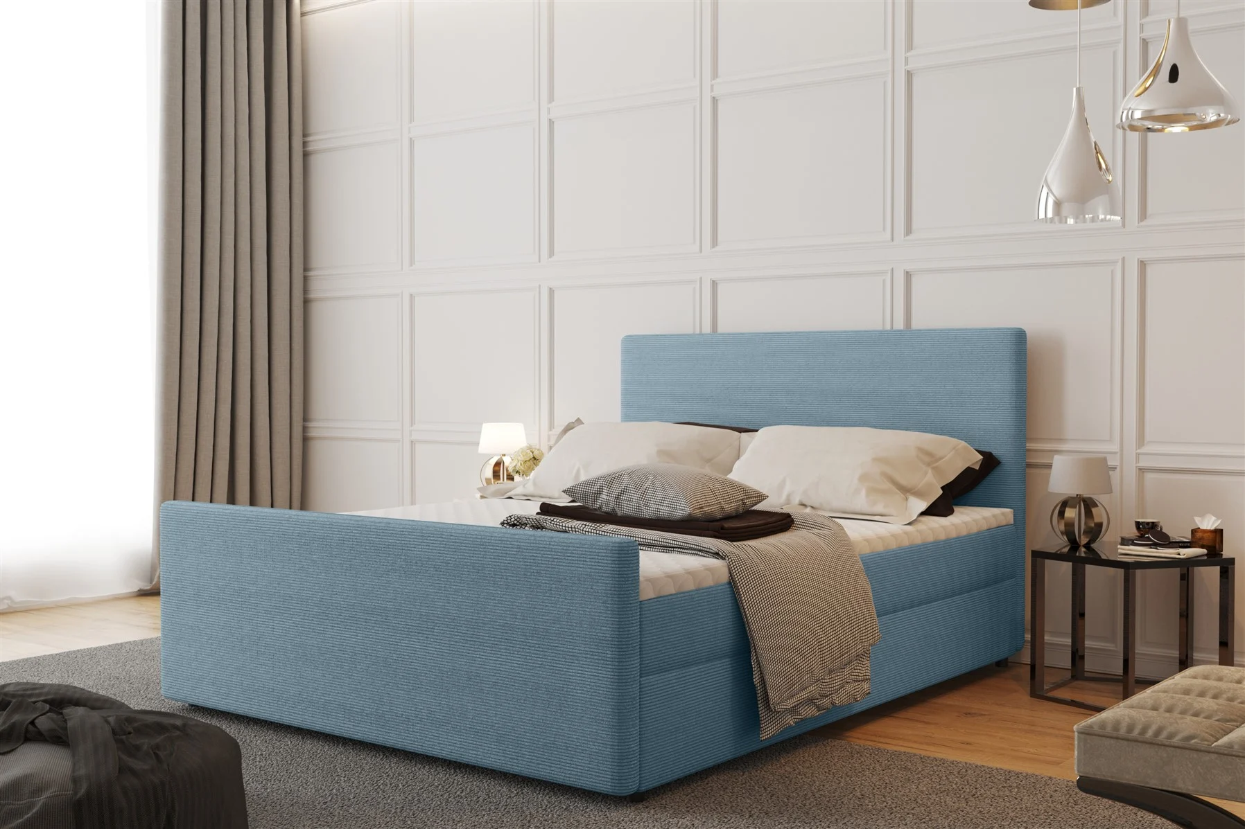 Boxspringbett Schlafzimmerbett CARO 120x200cm Stoff Scala Hellblau - Fun Moebel