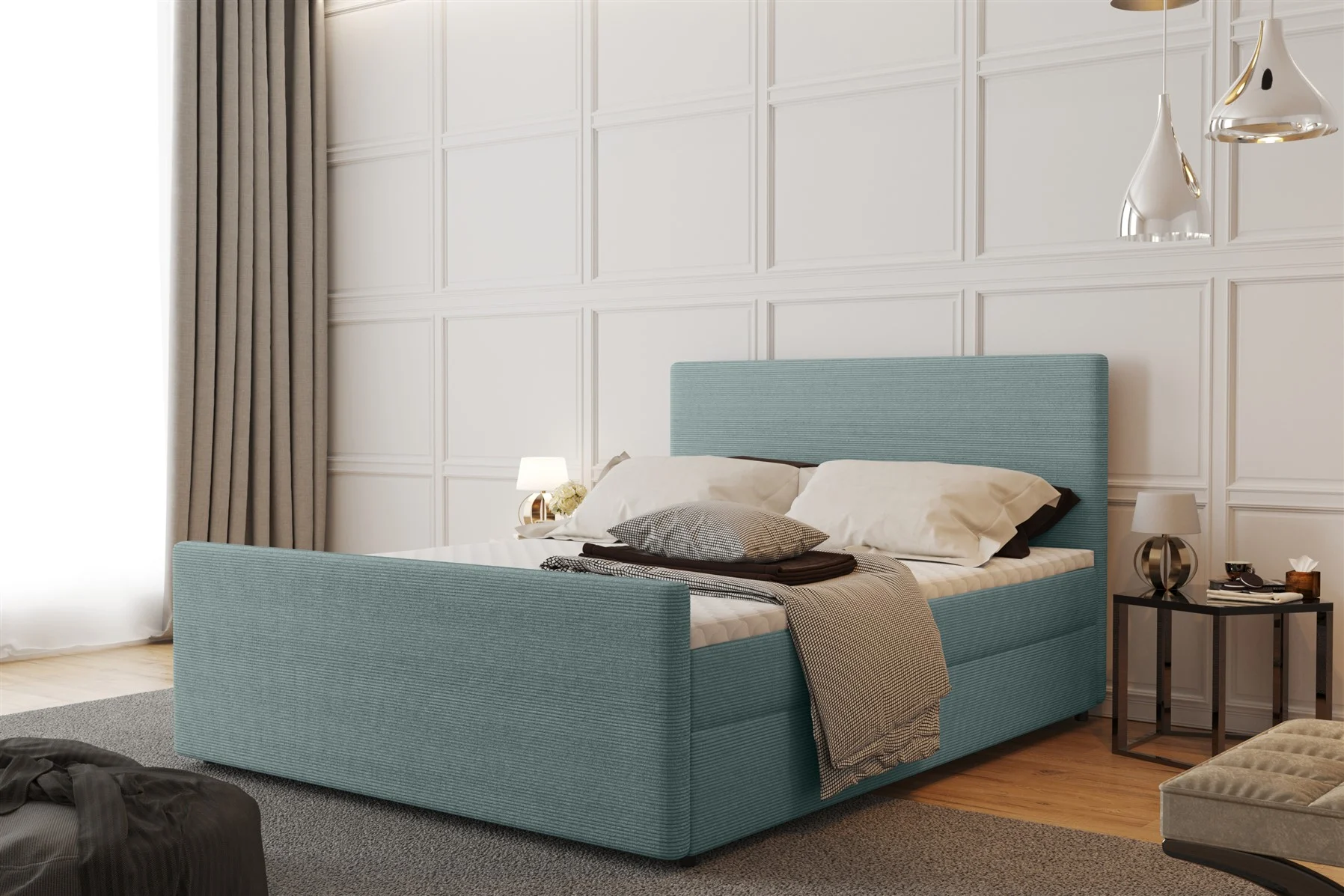 Boxspringbett Schlafzimmerbett CARO 200x200cm Stoff Scala Türkis - Fun Moebel