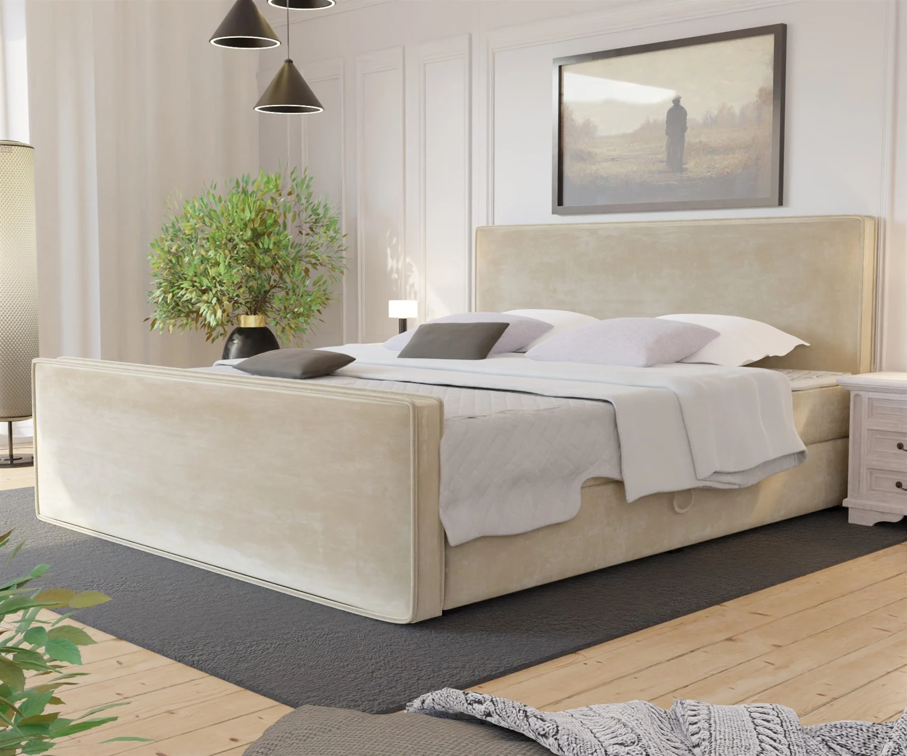 Boxspringbett Schlafzimmerbett CELES 160x200cm Stoff Monolith Beige - Fun Moebel