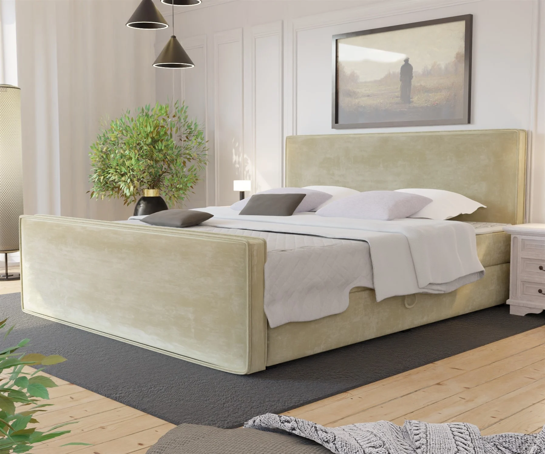 Boxspringbett Schlafzimmerbett CELES 160x200cm Stoff Monolith Creme - Fun Moebel