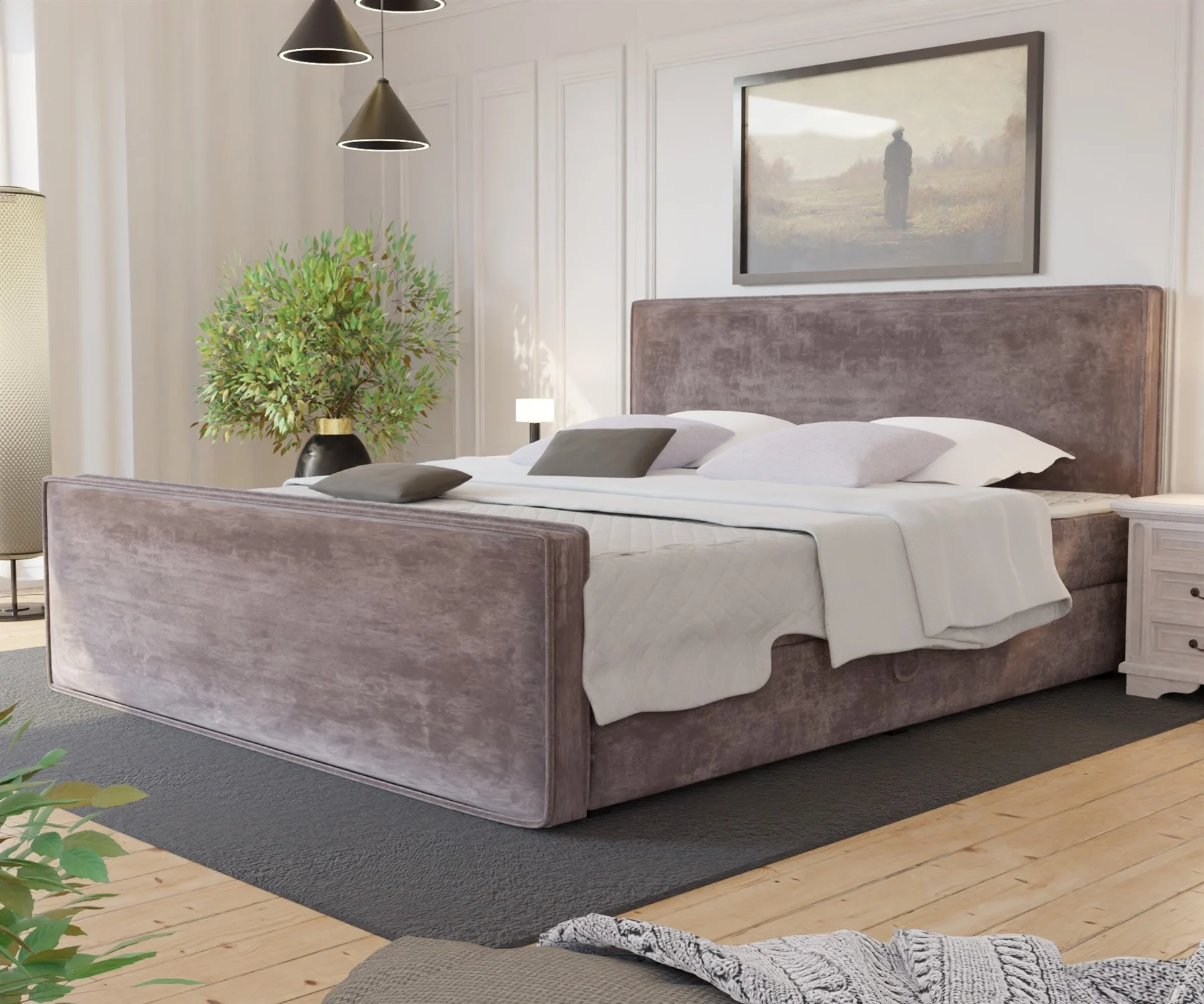 Boxspringbett Schlafzimmerbett CELES 120x200cm Stoff Monolith Lavendel - Fun Moebel