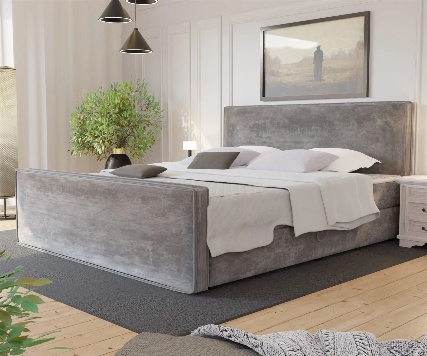 Boxspringbett Schlafzimmerbett CELES 160x200cm Stoff Monolith Silbergrau - Fun Moebel