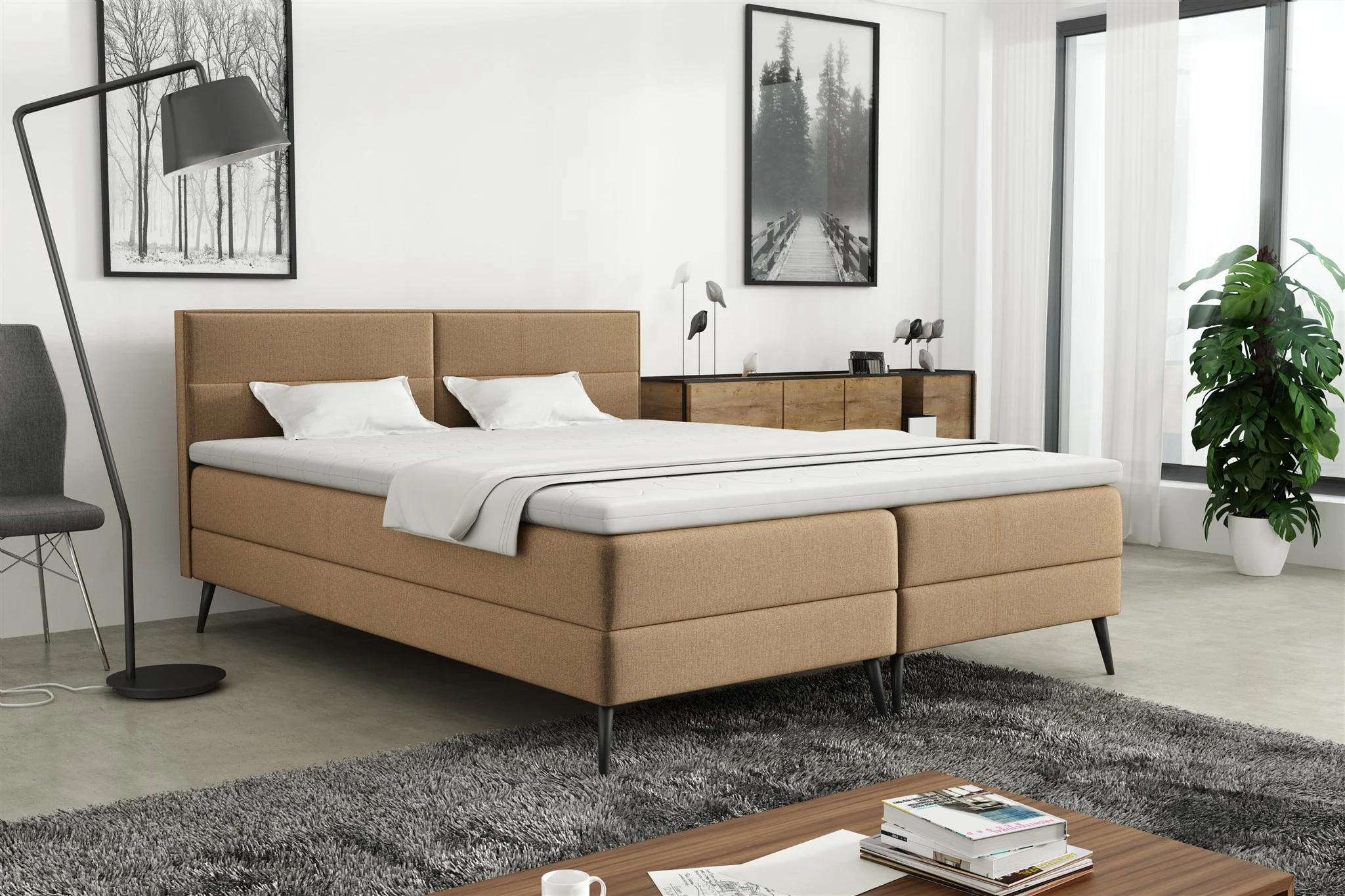 Boxspringbett Schlafzimmerbett CORDOBA 160x200cm Stoff Monolith Beige - Fun Möbel