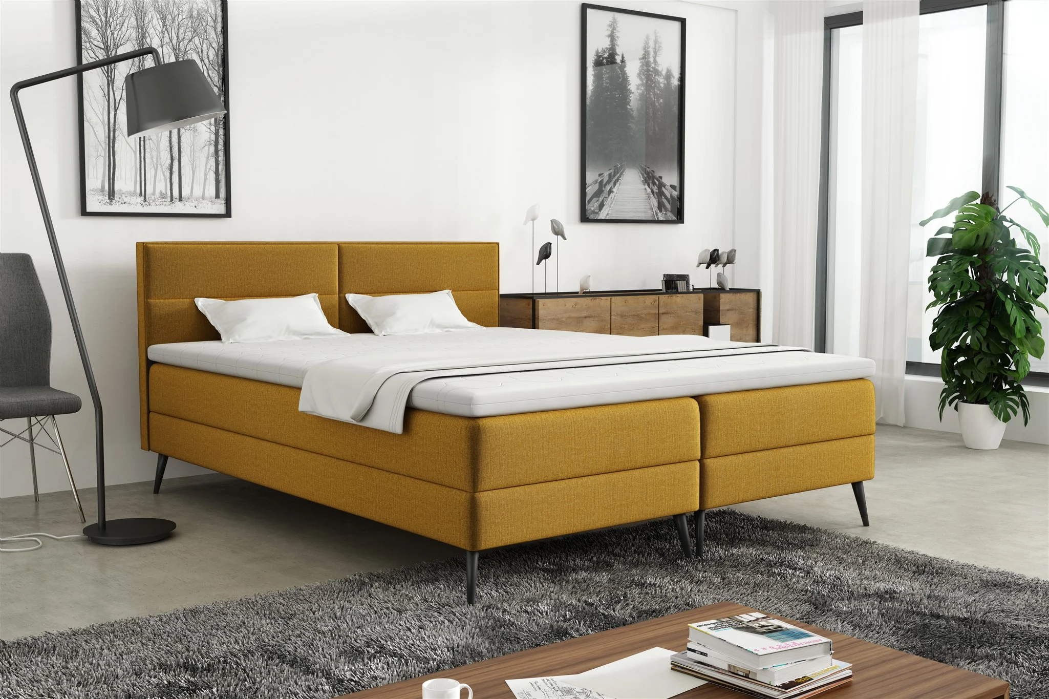 Boxspringbett Schlafzimmerbett CORDOBA 160x200cm Stoff Monolith Senfgelb - Fun Möbel