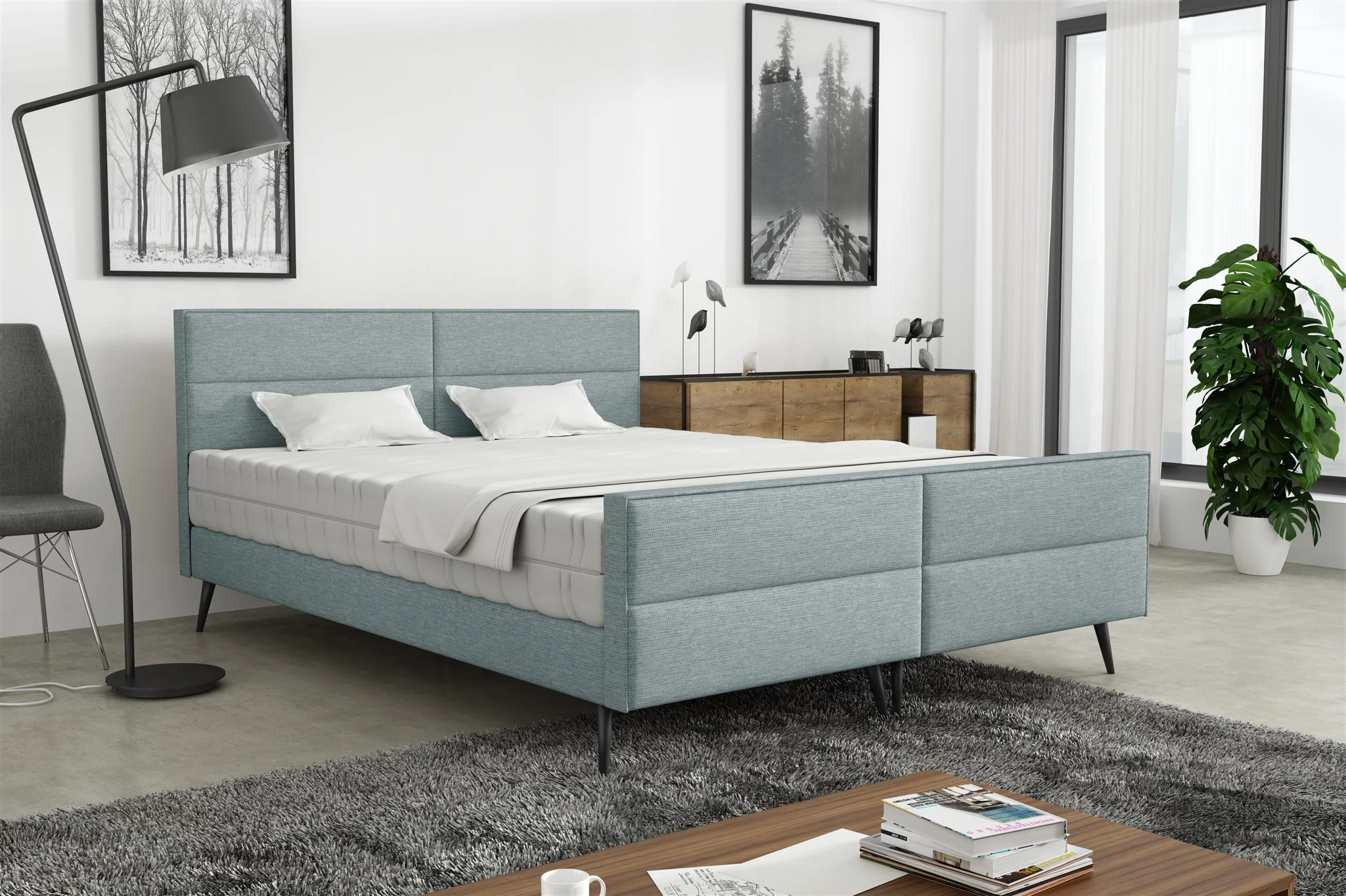 Polsterbett Doppelbett CREMONA 140x200cm Komplettset Stoff Gemma Eisblau - Fun Möbel