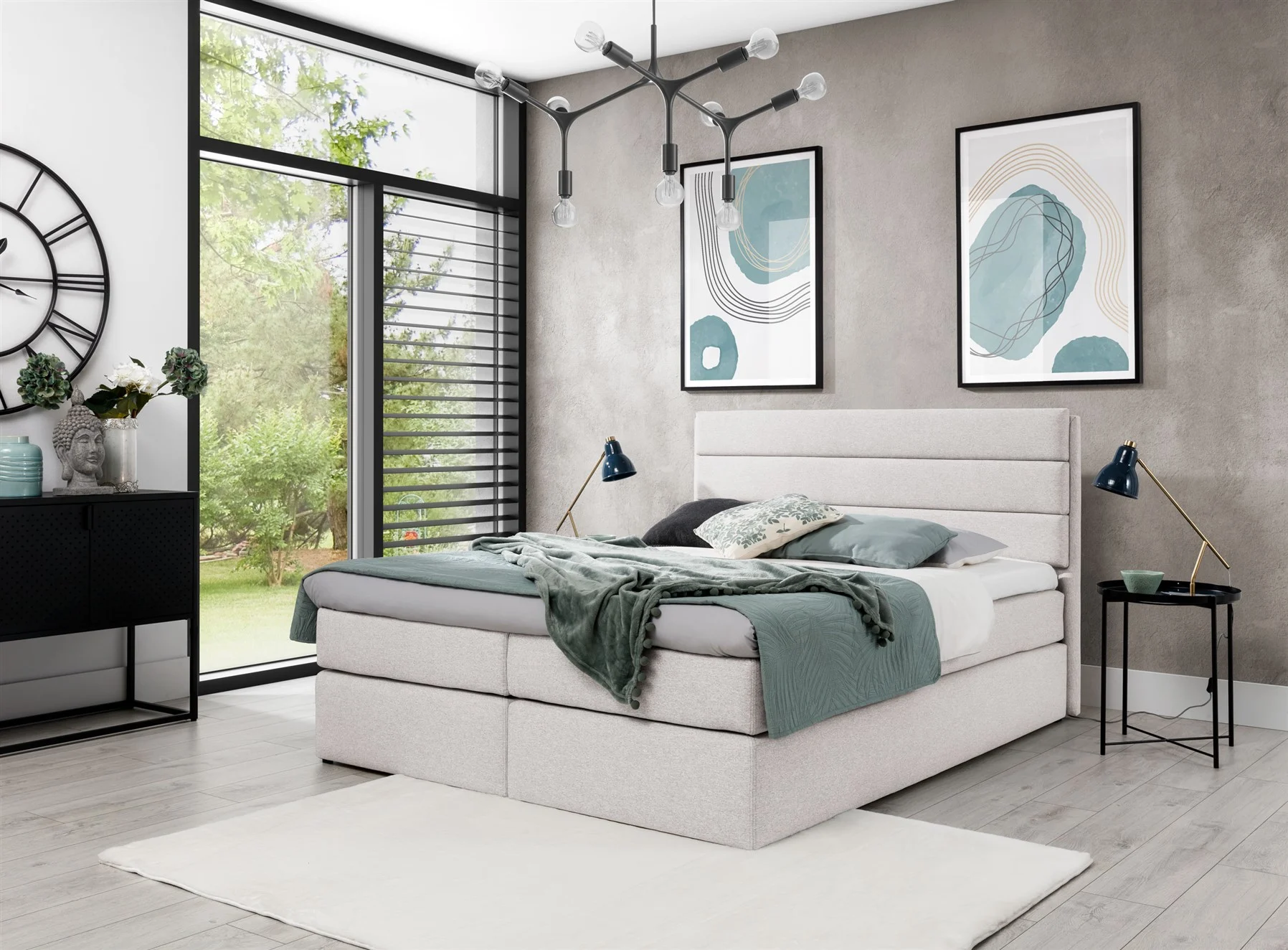 Boxspringbett Schlafzimmerbett Bett DAVINO DELUX Stoff Creme 140x200cm - Fun-Möbel
