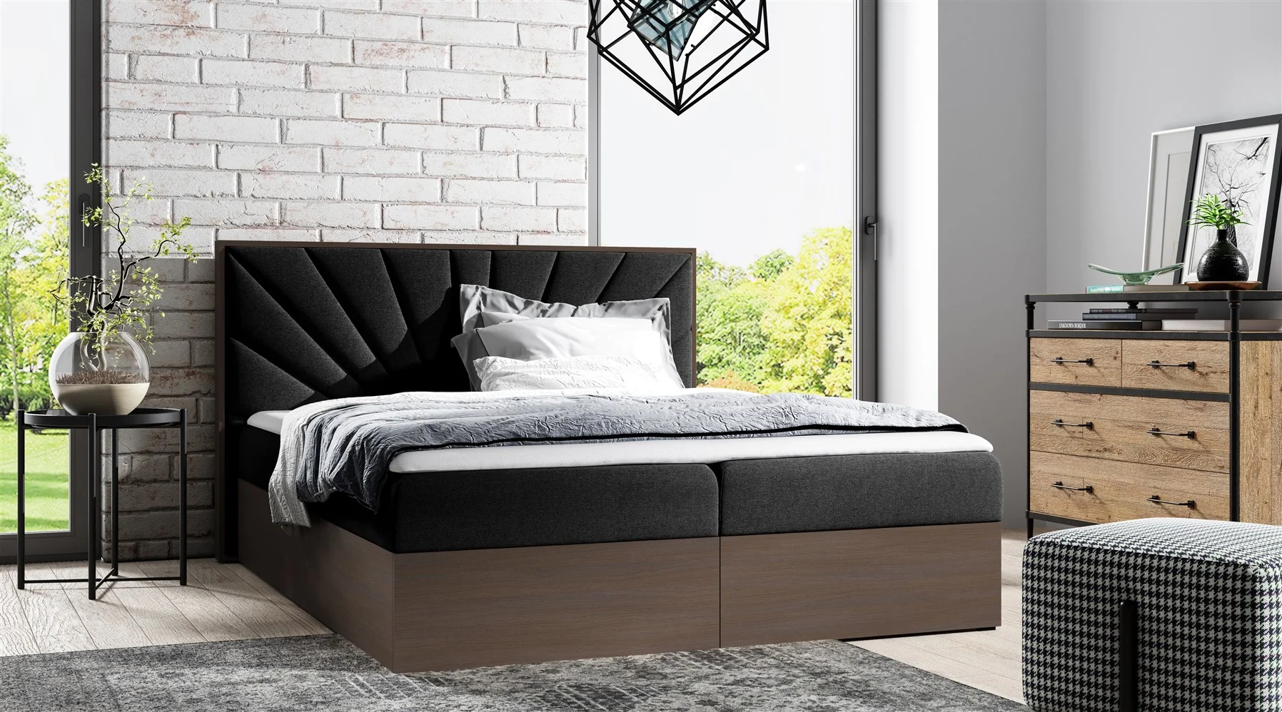 Boxspringbett Bett DAIMON 140x200cm Dunkel Eiche Stoff Schwarz inkl. Bettkasten - Fun Moebel