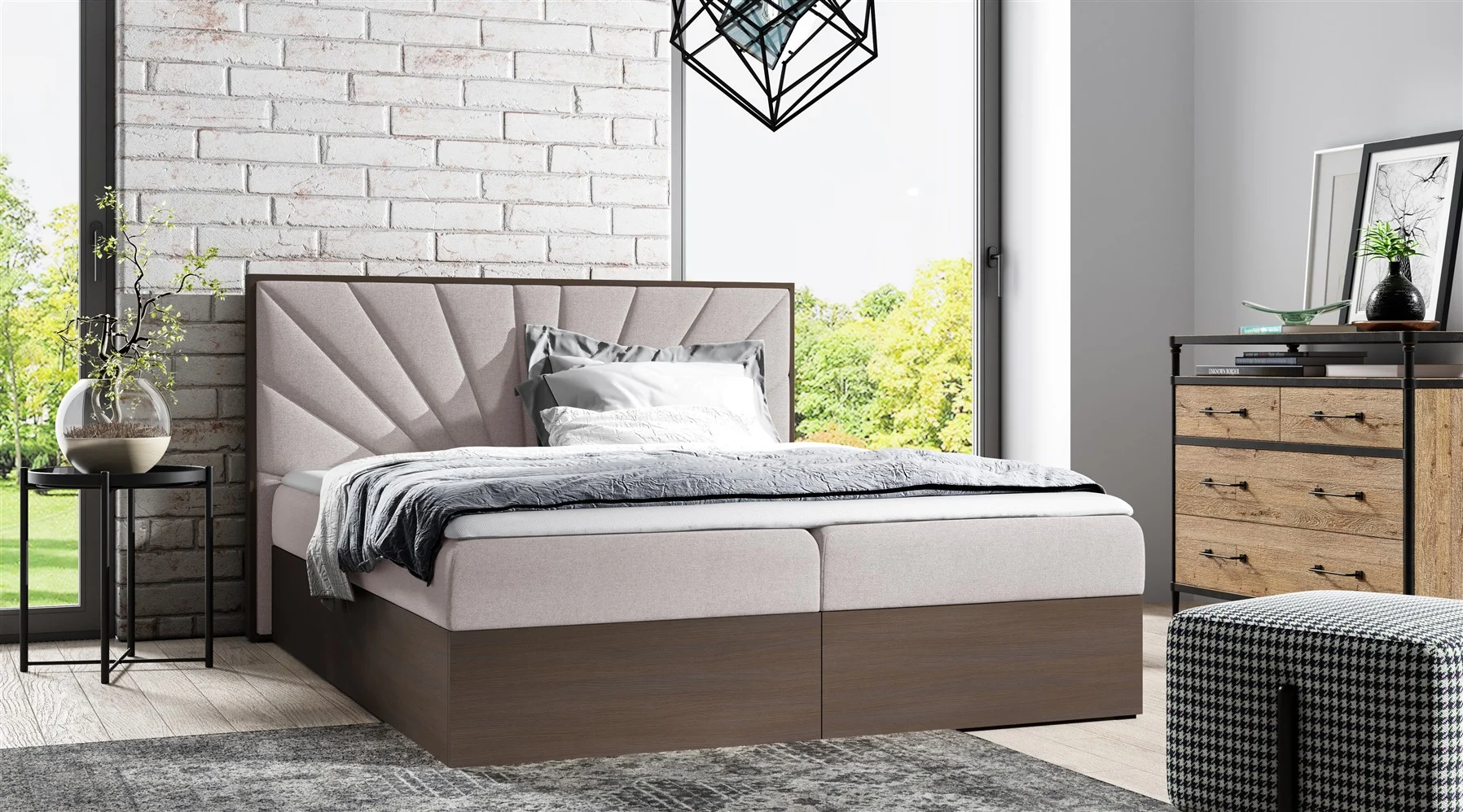 Boxspringbett Bett DAIMON 120x200cm Dunkel Eiche Stoff Hellbeige inkl Bettkasten - Fun Moebel