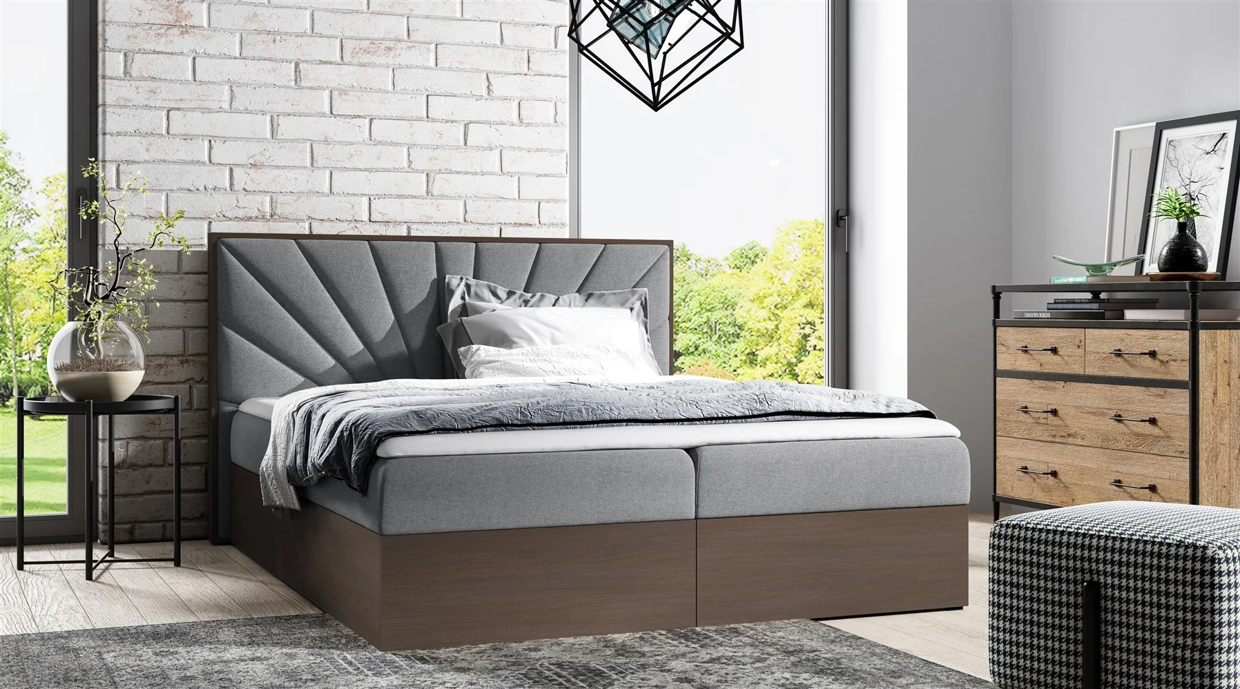Boxspringbett Bett DAIMON 140x200cm Dunkel Eiche Stoff Grau inkl. Bettkasten - Fun Moebel