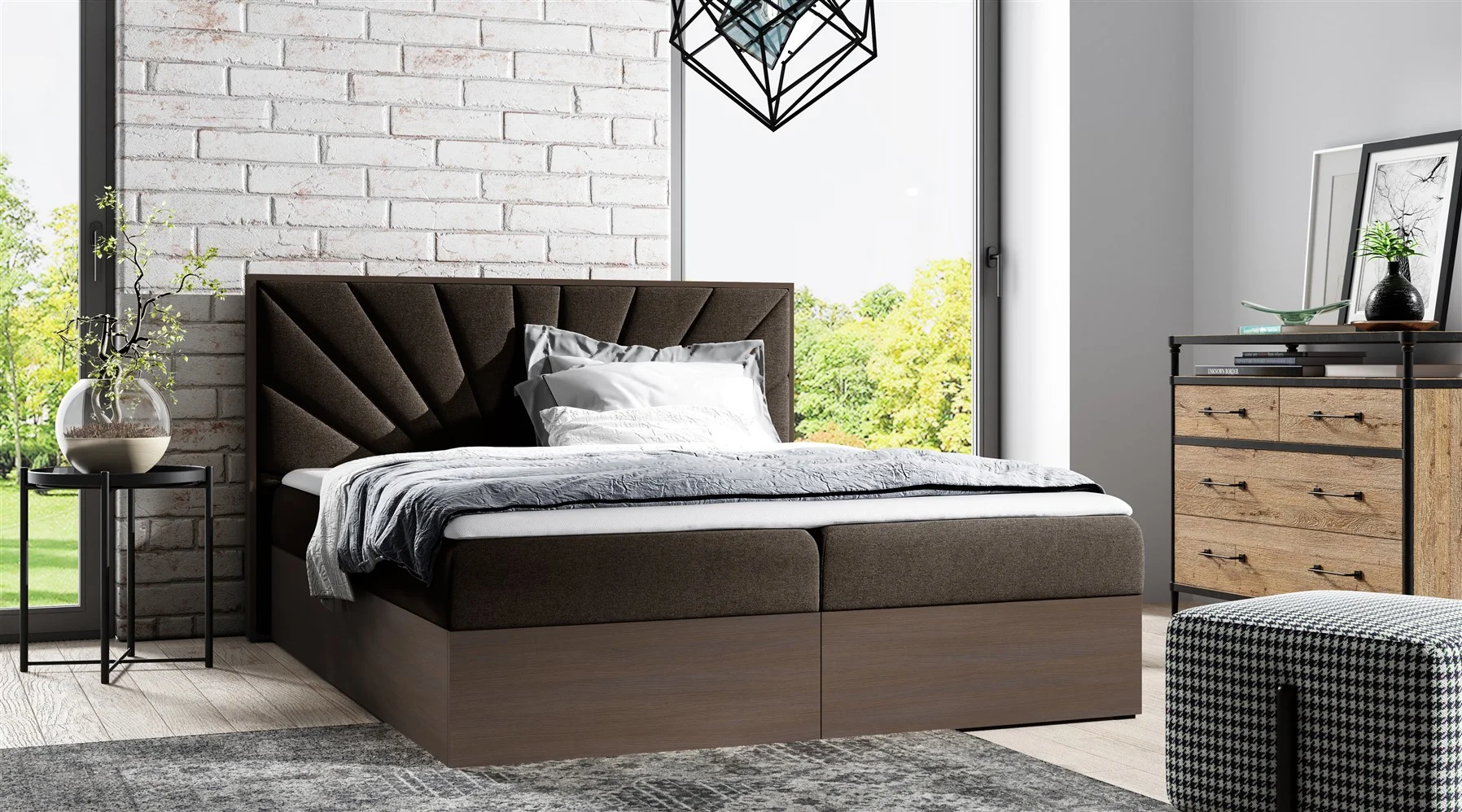 Boxspringbett Bett DAIMON 120x200cm Dunkel Eiche Stoff Braun inkl. Bettkasten - Fun Moebel