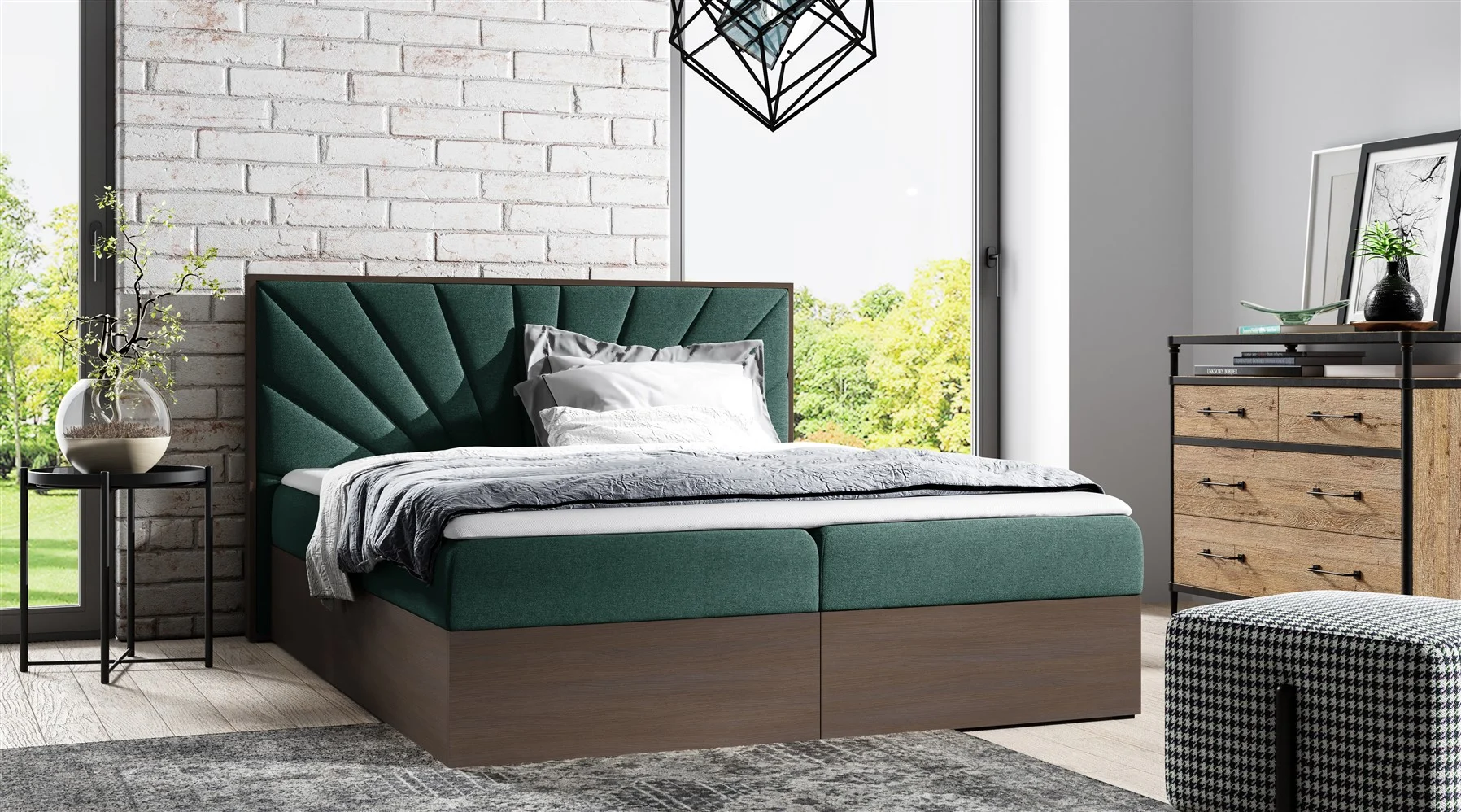 Boxspringbett Bett DAIMON 120x200cm Dunkel Eiche Stoff Grün inkl. Bettkasten - Fun Moebel
