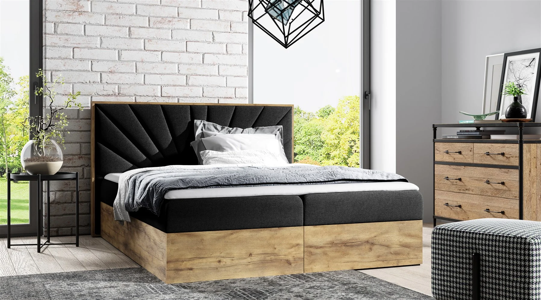 Boxspringbett Bett DAIMON 120x200cm Lancelot Eiche Stoff Schwarz inkl Bettkasten - Fun Moebel