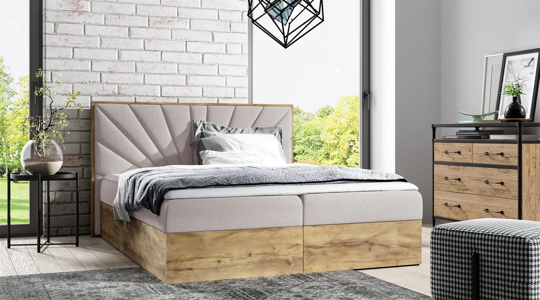 Boxspringbett Bett DAIMON 120x200cm Lancelot Eiche Stoff Hellbeige Bettkasten - Fun Moebel