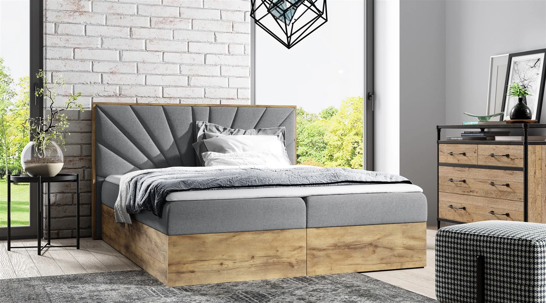 Boxspringbett Bett DAIMON 200x200cm Lancelot Eiche Stoff Grau inkl. Bettkasten - Fun Moebel