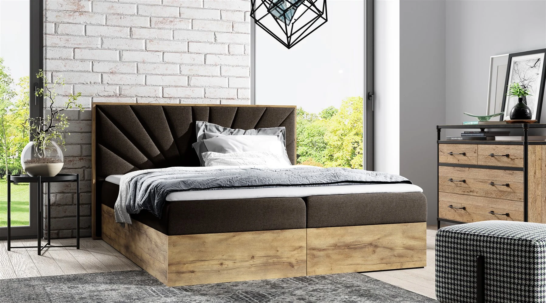 Boxspringbett Bett DAIMON 120x200cm Lancelot Eiche Stoff Braun inkl. Bettkasten - Fun Moebel