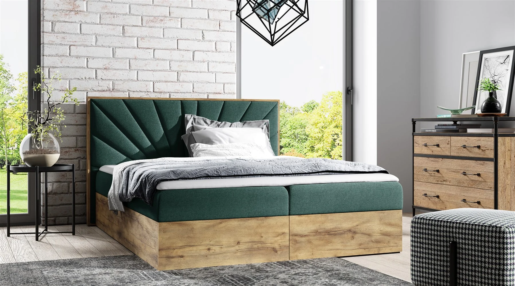Boxspringbett Bett DAIMON 140x200cm Lancelot Eiche Stoff Grün inkl. Bettkasten - Fun Moebel