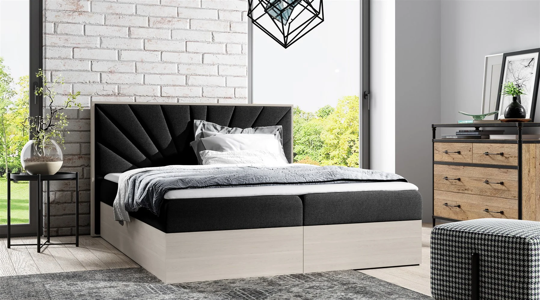 Boxspringbett Bett DAIMON 120x200cm Nordic Teak Stoff Schwarz inkl. Bettkasten - Fun Moebel