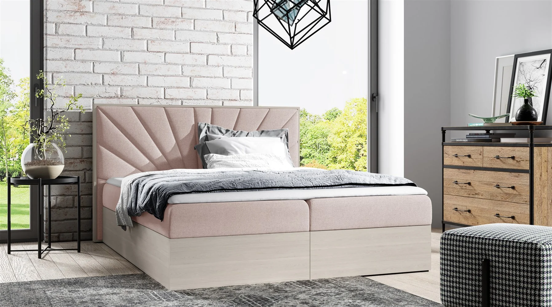 Boxspringbett Bett DAIMON 140x200cm Nordic Teak Stoff Altrosa inkl. Bettkasten - Fun Moebel