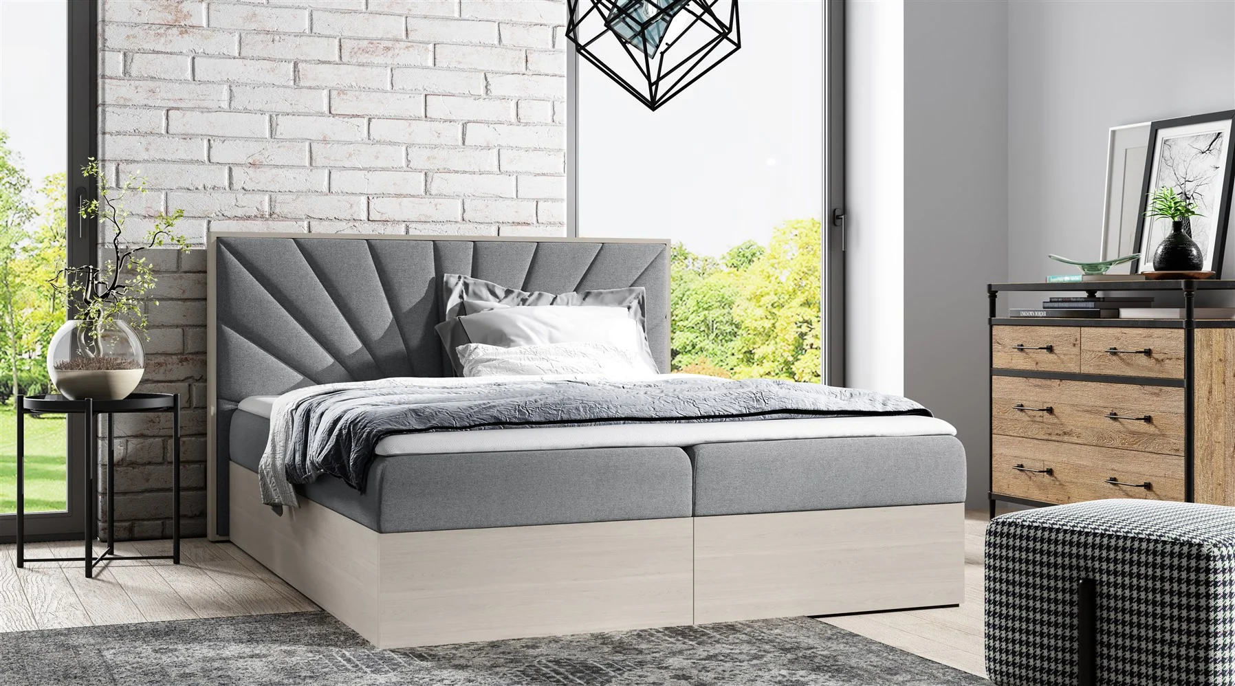 Boxspringbett Bett DAIMON 120x200cm Nordic Teak Stoff Grau inkl. Bettkasten - Fun Moebel