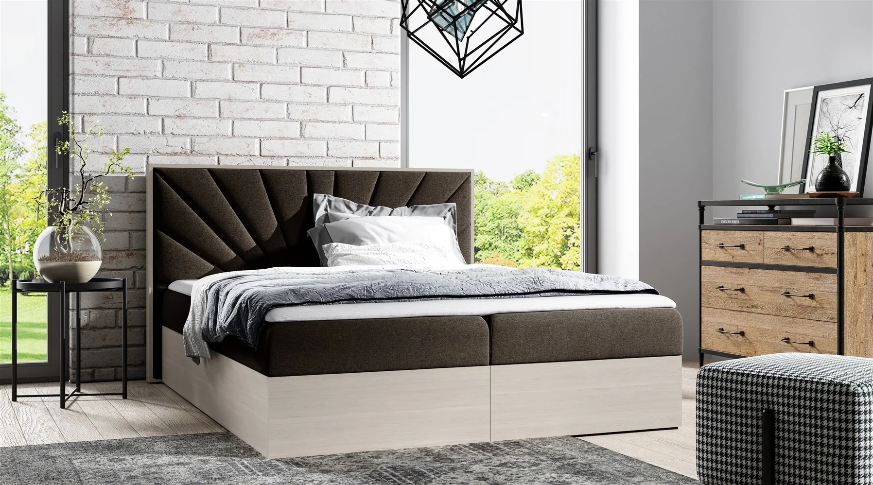 Boxspringbett Bett DAIMON 120x200cm Nordic Teak Stoff Braun inkl. Bettkasten - Fun Moebel