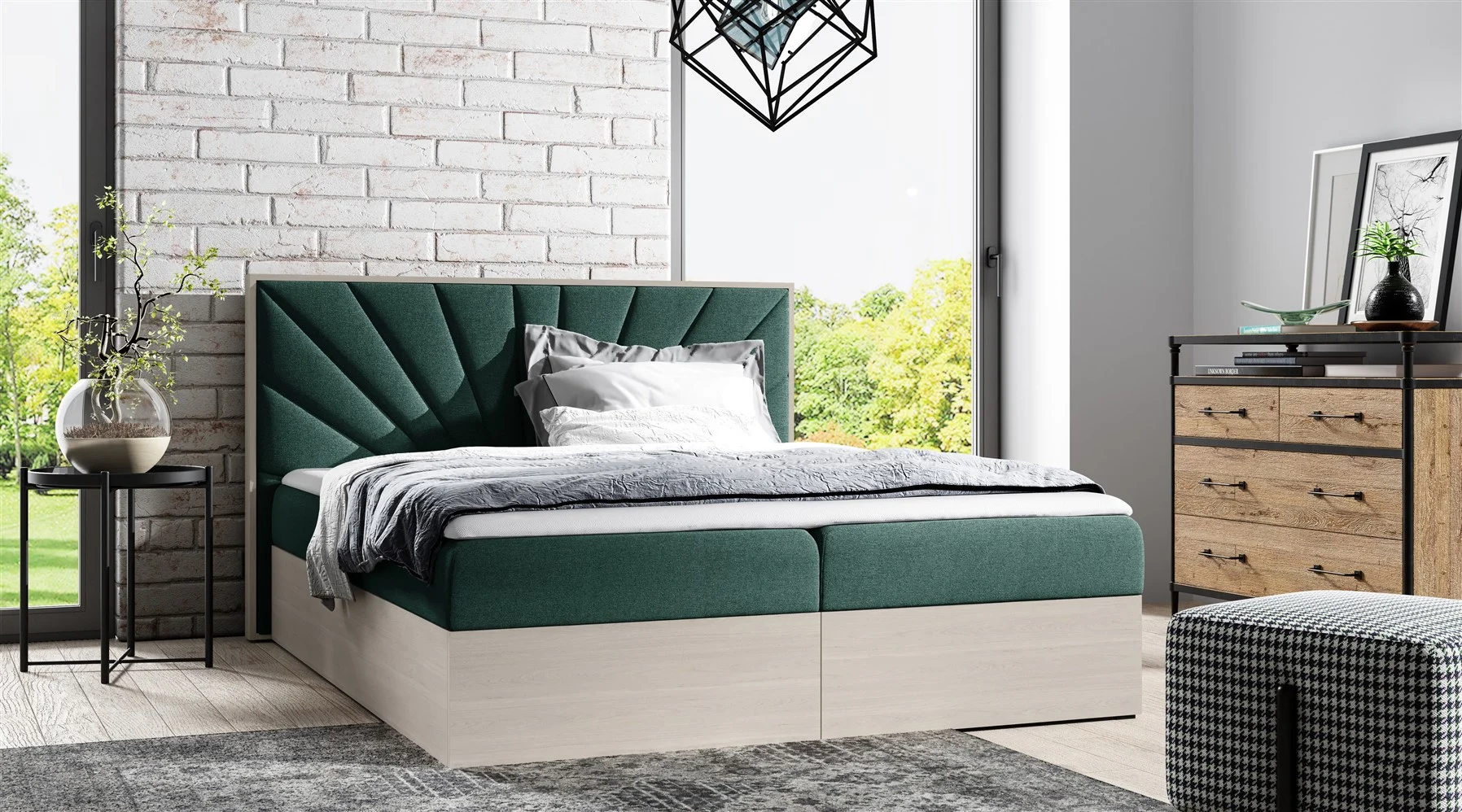 Boxspringbett Bett DAIMON 160x200cm Nordic Teak Stoff Grün inkl. Bettkasten - Fun Moebel
