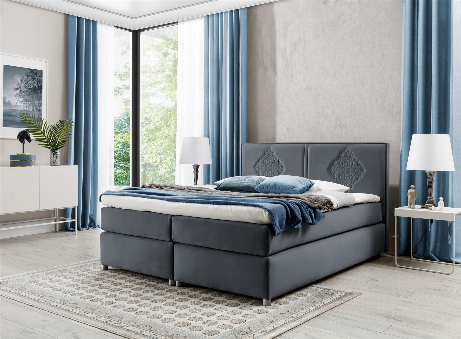Boxspringbett Schlafzimmerbett Bett DAMIANO DELUX Stoff Anthrazit 160x200cm - Fun-Möbel