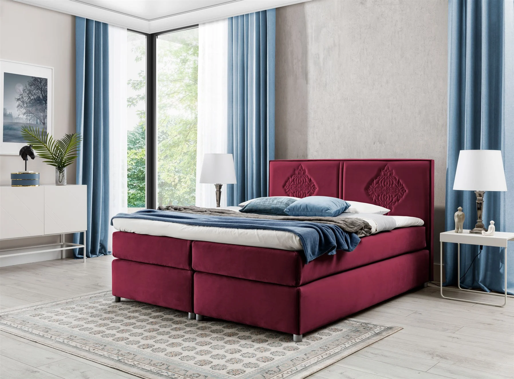 Boxspringbett Schlafzimmerbett Bett DAMIANO DELUX Stoff Bordeaux 120x200cm - Fun-Möbel