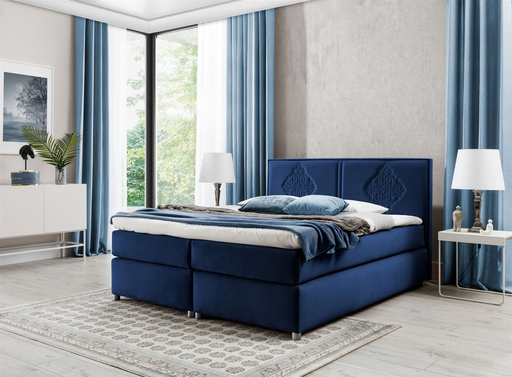 Boxspringbett Schlafzimmerbett Bett DAMIANO DELUX Stoff Dunkelblau 160x200cm - Fun-Möbel