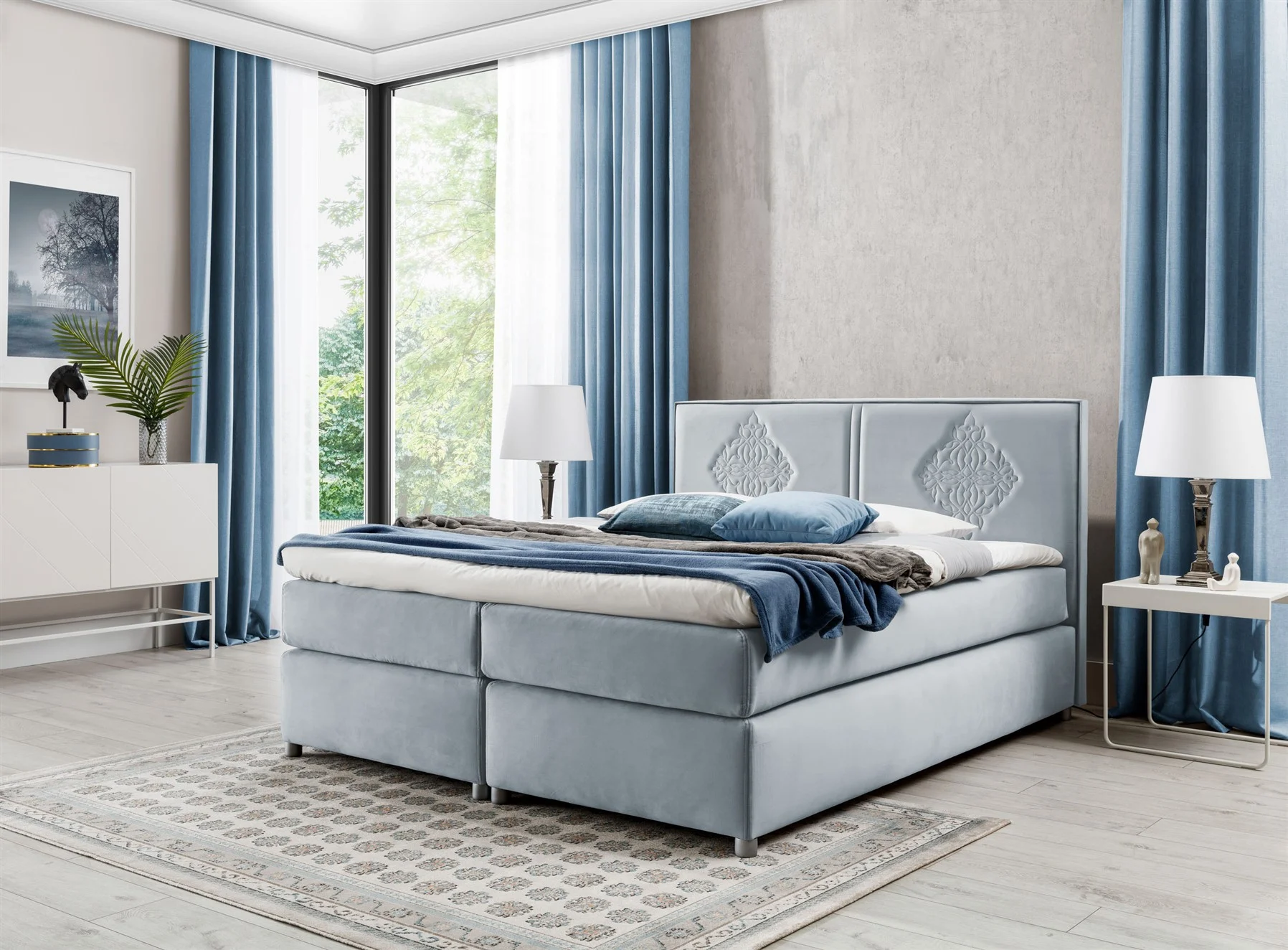 Boxspringbett Schlafzimmerbett Bett DAMIANO DELUX Stoff Hellgrau 140x200cm - Fun-Möbel