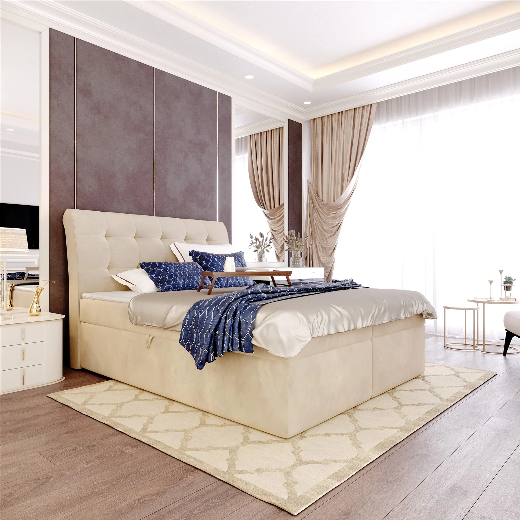 Boxspringbett Schlafzimmerbett DASIO 140x200cm Stoff Creme inkl. Bettkasten - Fun Moebel