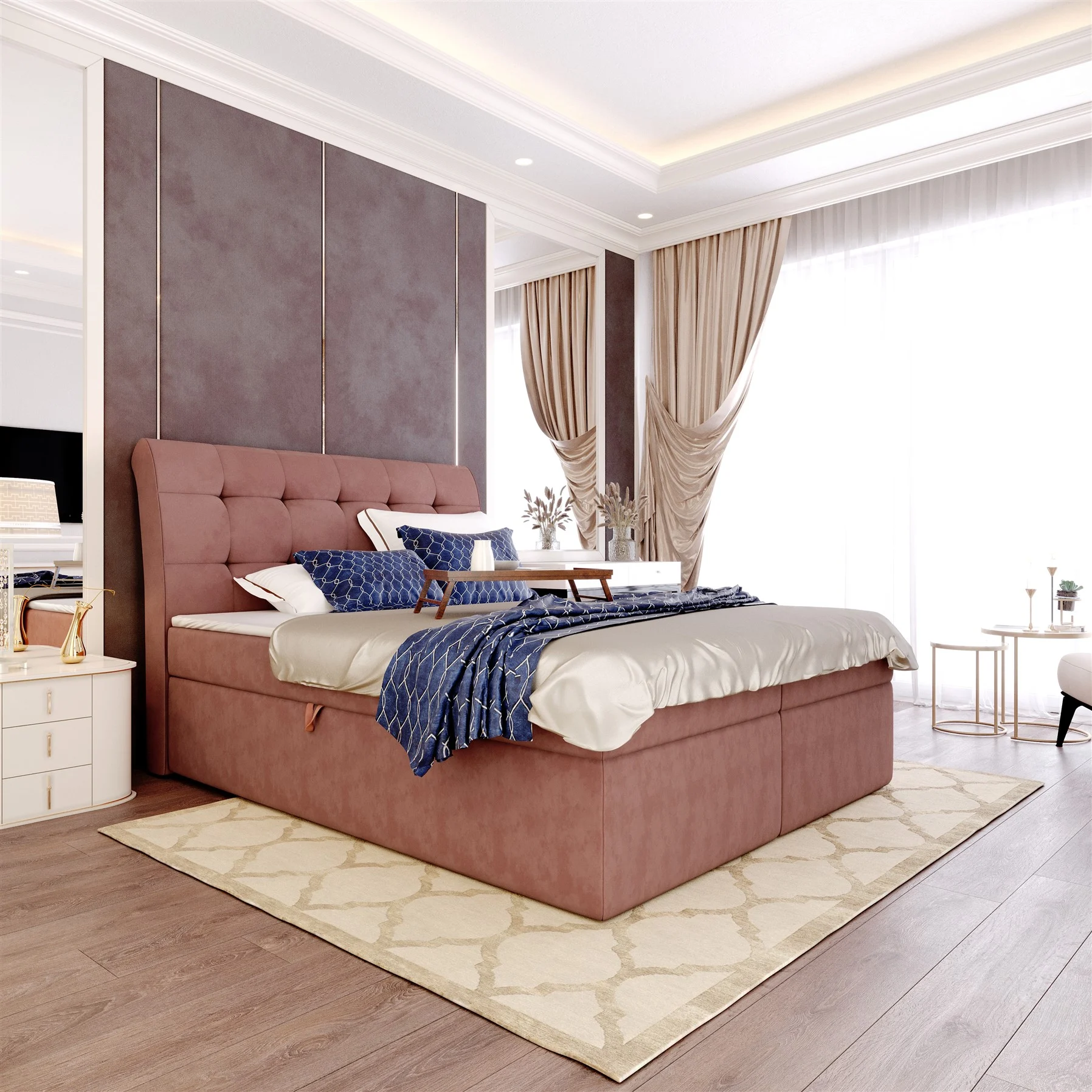 Boxspringbett Schlafzimmerbett DASIO 120x200cm Stoff Apricot inkl. Bettkasten - Fun Moebel