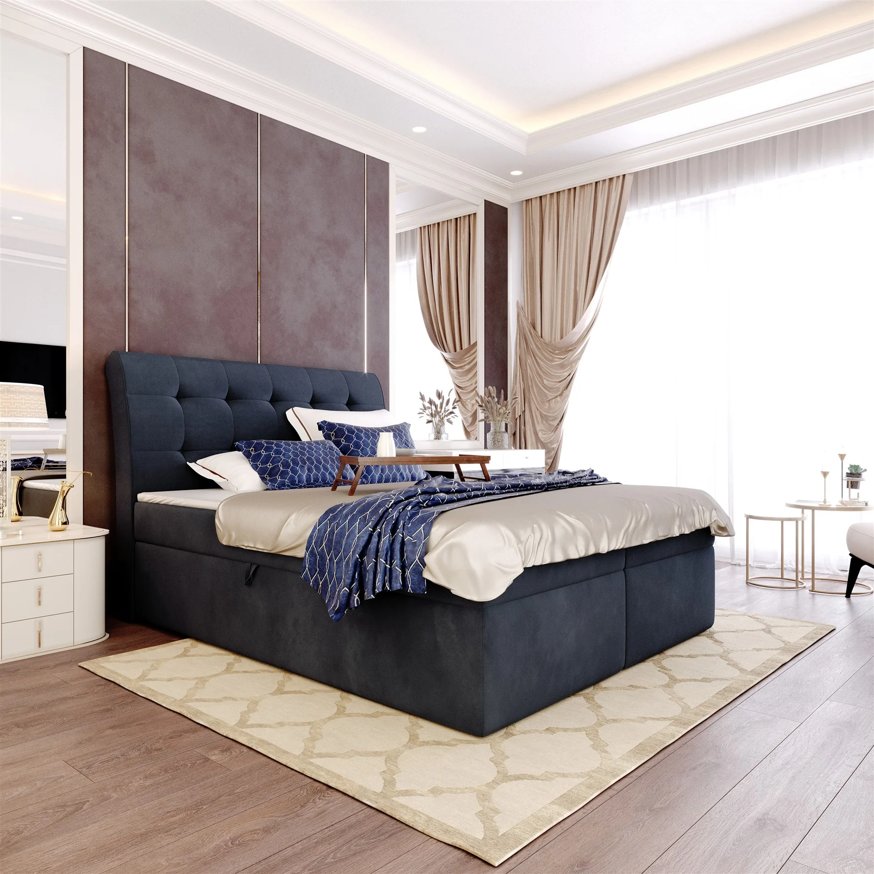 Boxspringbett Schlafzimmerbett DASIO 140x200cm Stoff Schwarz inkl. Bettkasten - Fun Moebel