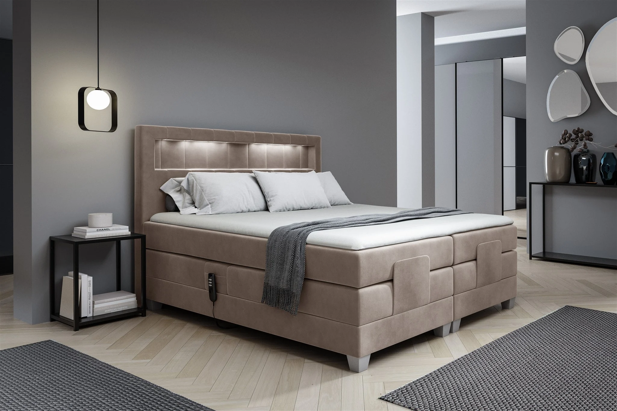 Boxspringbett Elektrisch Bett DAVIDE 160x200cm in Stoff Fresh Macchiato - Fun Möbel