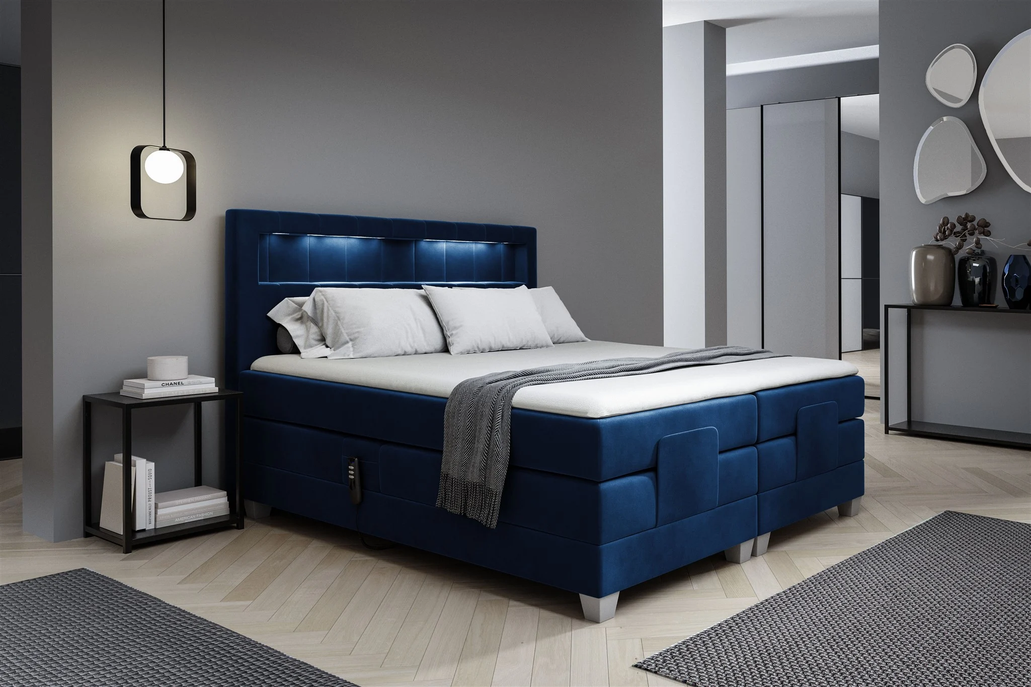 Boxspringbett Elektrisch Bett DAVIDE 120x200cm in Stoff Fresh Dunkelblau - Fun Möbel