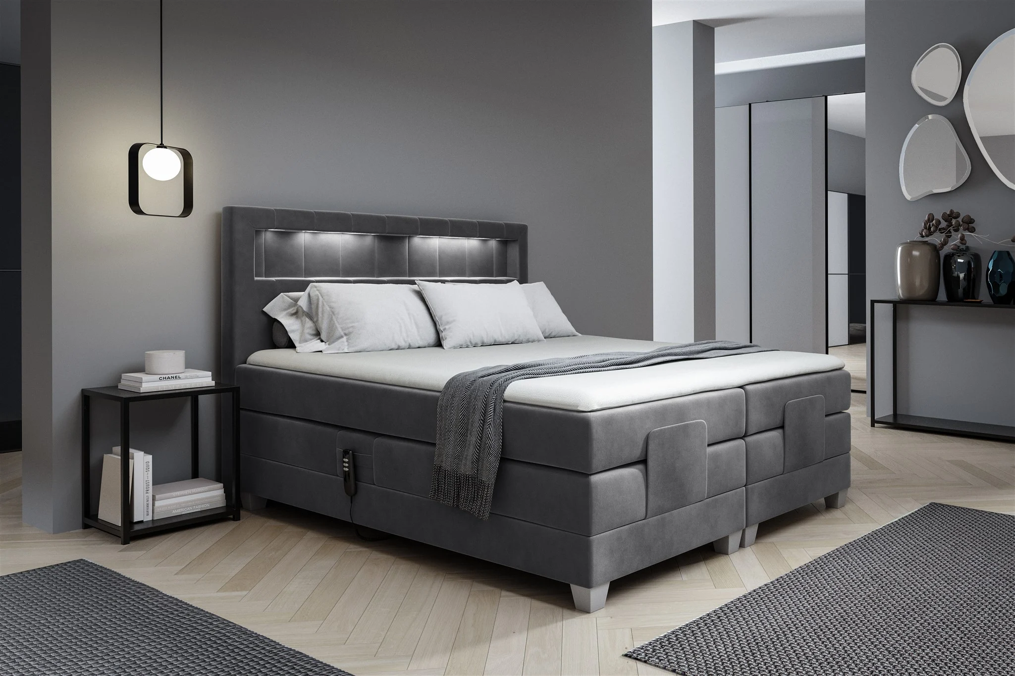Boxspringbett Elektrisch Bett DAVIDE 140x200cm in Stoff Fresh Dunkelgrau - Fun Möbel
