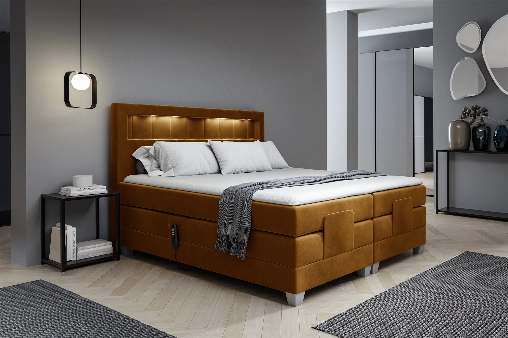 Boxspringbett Elektrisch Bett DAVIDE 160x200cm in Stoff Fresh Senfgelb - Fun Möbel