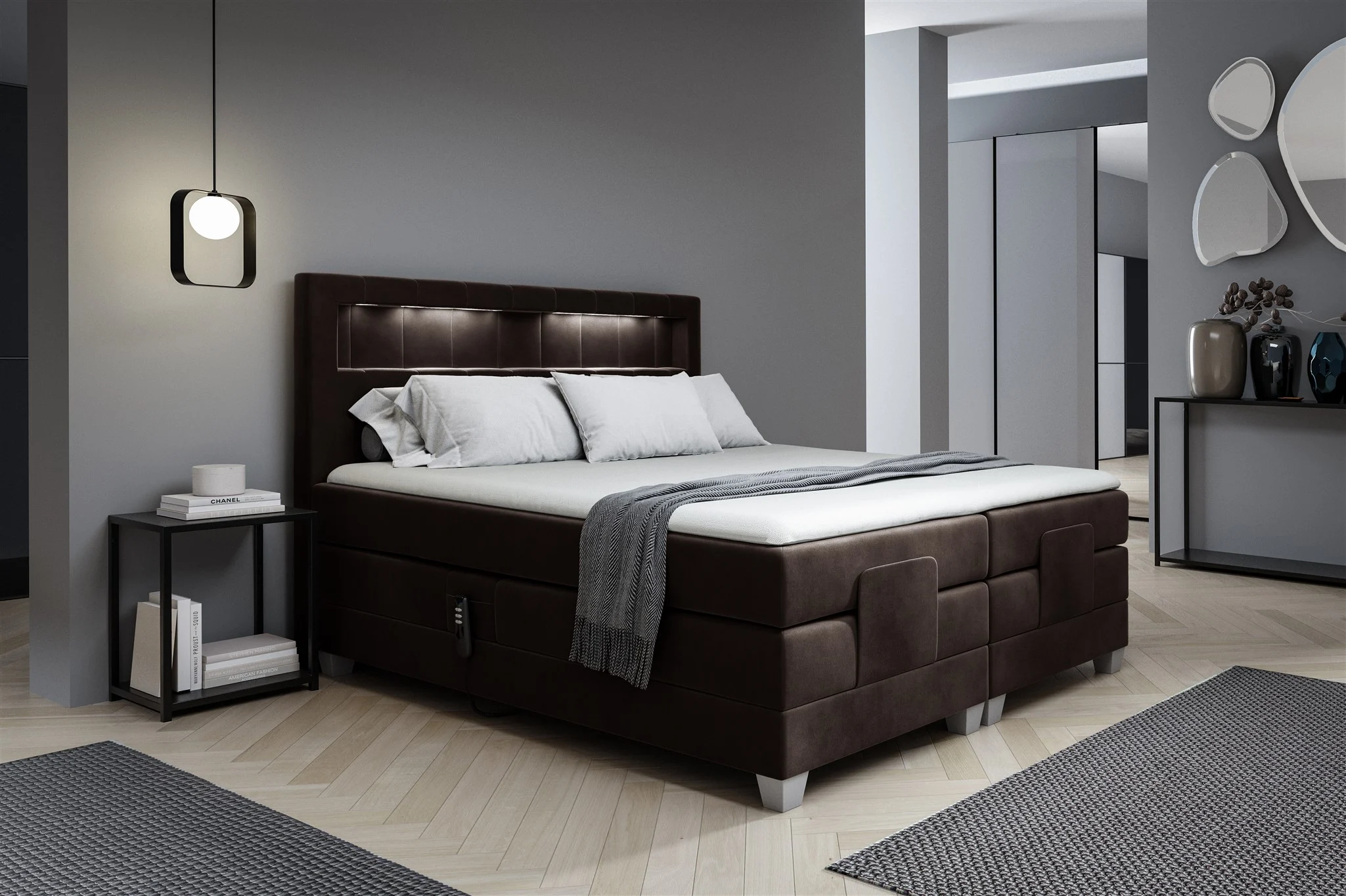 Boxspringbett Elektrisch Bett DAVIDE 140x200cm in Stoff Fresh Dunkelbraun - Fun Möbel