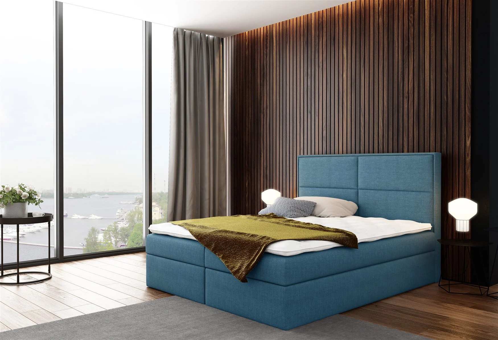 Boxspringbett Bett DERBI Stoff Hellblau 140x200cm inkl.Bettkasten - Fun Moebel