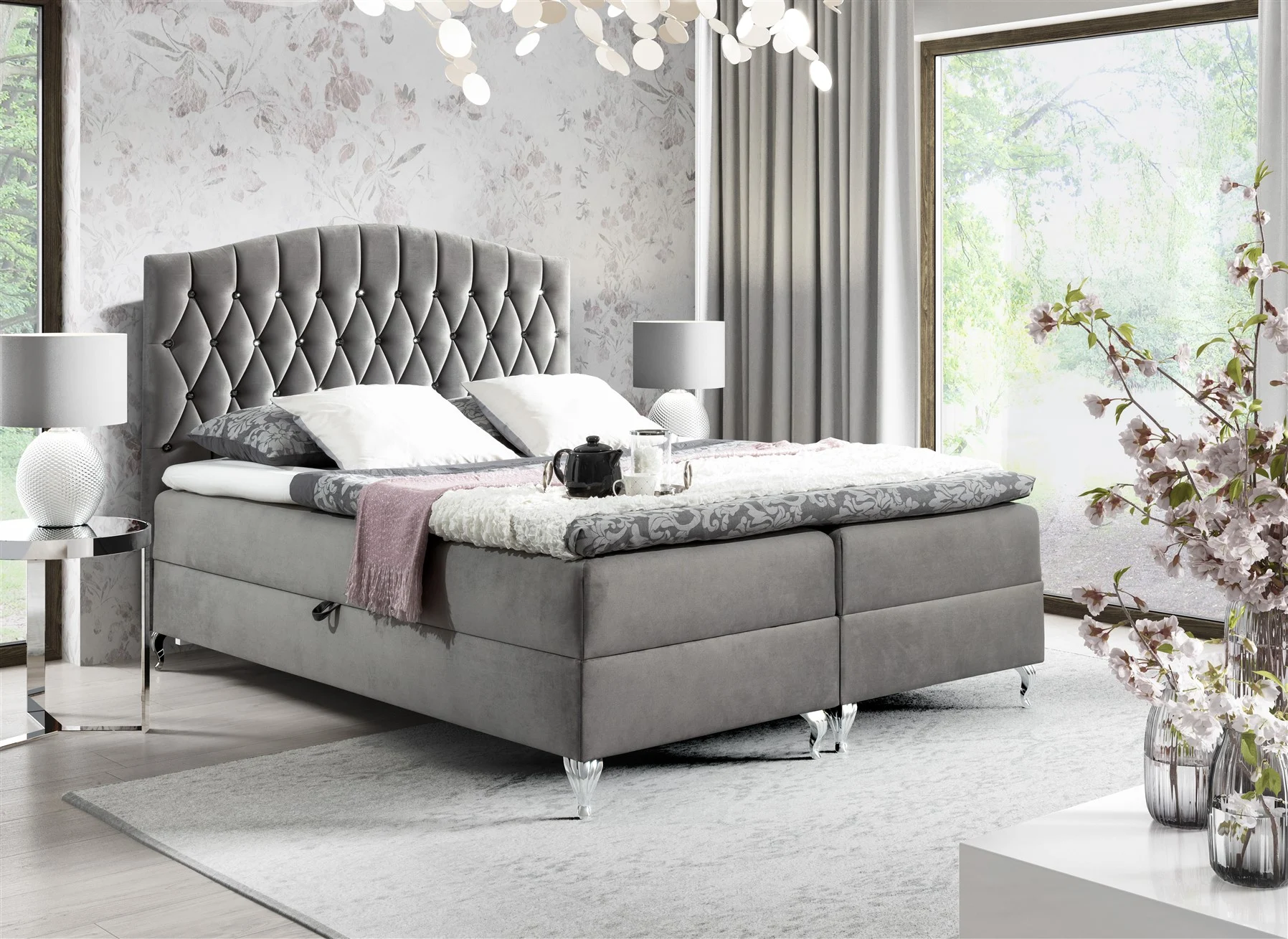 Boxspringbett Schlafzimmerbett DEVRAN 140x200cm Stoff Fresh Steingrau - Fun Moebel