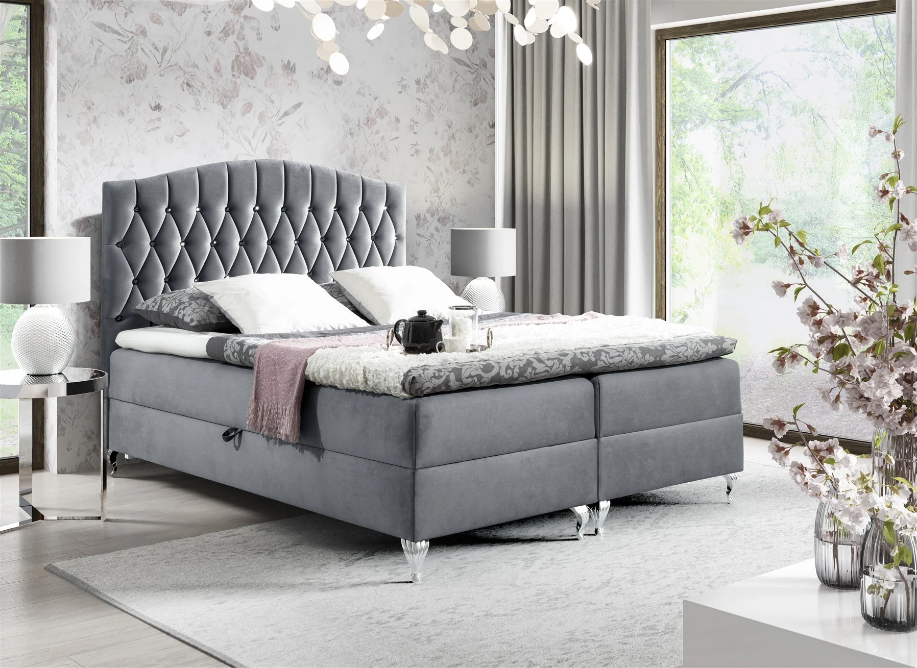 Boxspringbett Schlafzimmerbett DEVRAN 160x200cm Stoff Fresh Grau - Fun Moebel